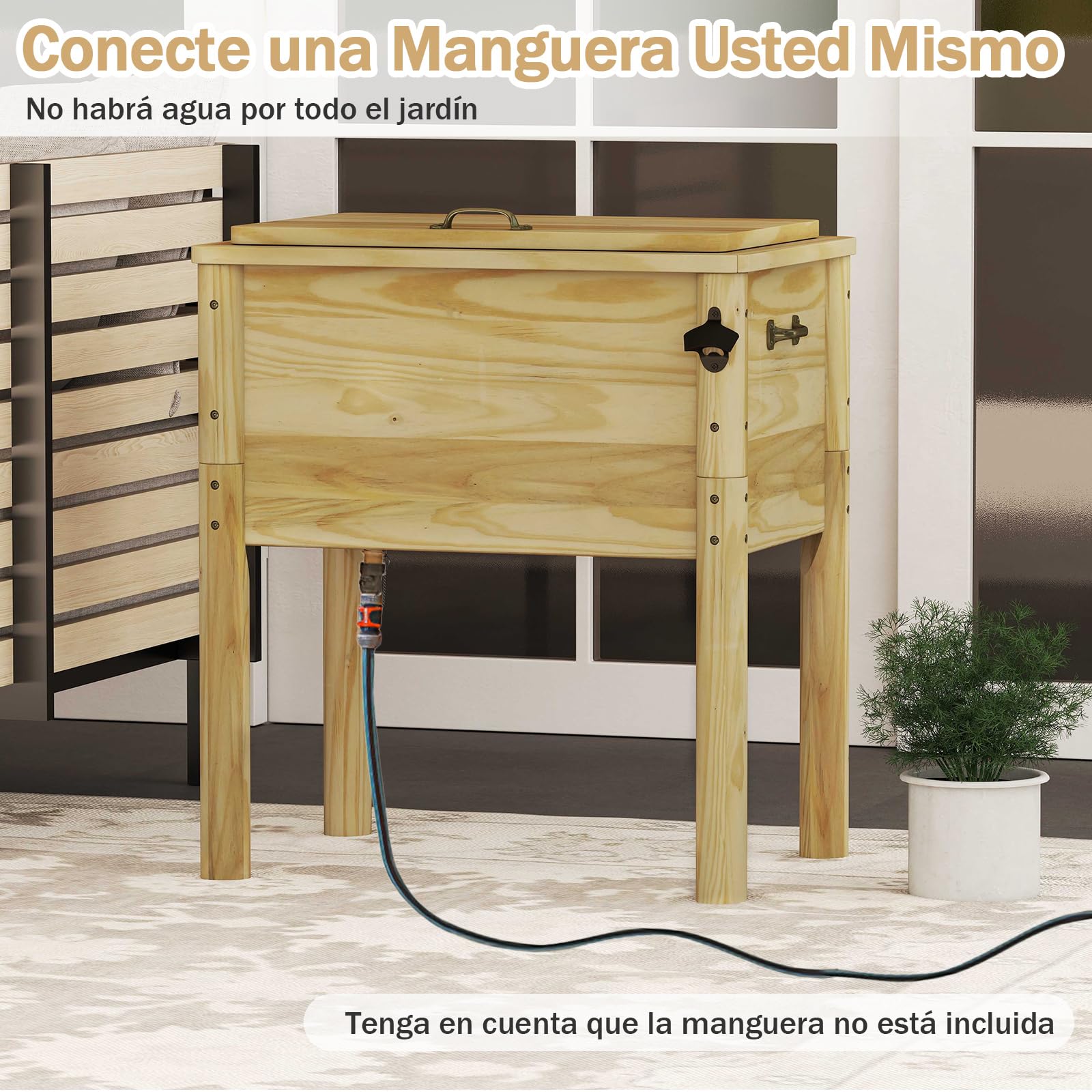 GOPLUS Nevera de Madera para Patio, Refrigerador de Bebidas de 51 L con Asas y Abridor de Botellas, Nevera de Hielo al Aire Libre para Fiesta, Patio, Junto a la Piscina y Barbacoa, Marrón Rústico