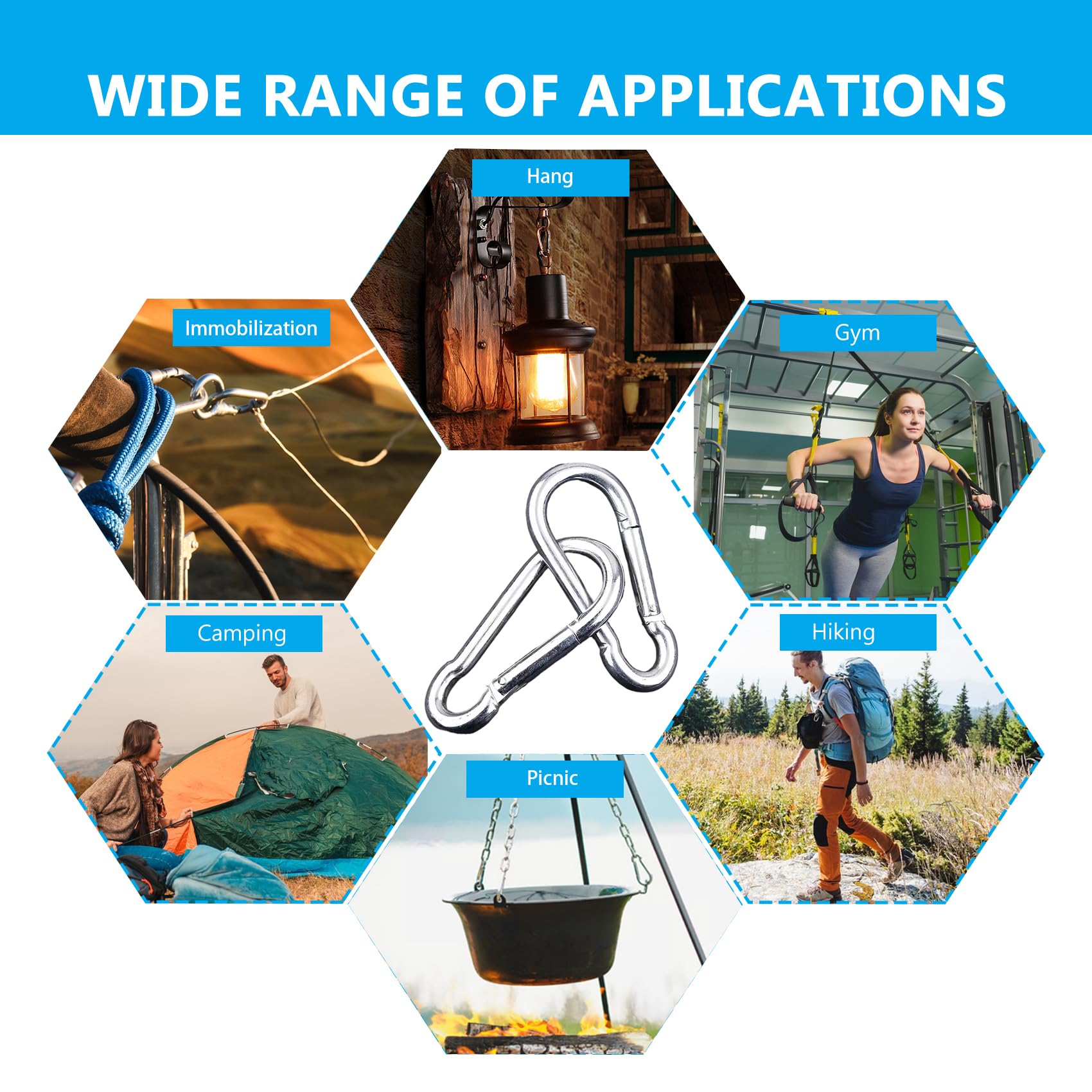 150PCS 2IN Carabiner Clip, M5 Heavy Duty Carbon Steel Carabiner, Spring Snap Hook Clip for Keychian, Locking Carabiner for Outdoor Camping, Fishing, Dog Leash, Hanging