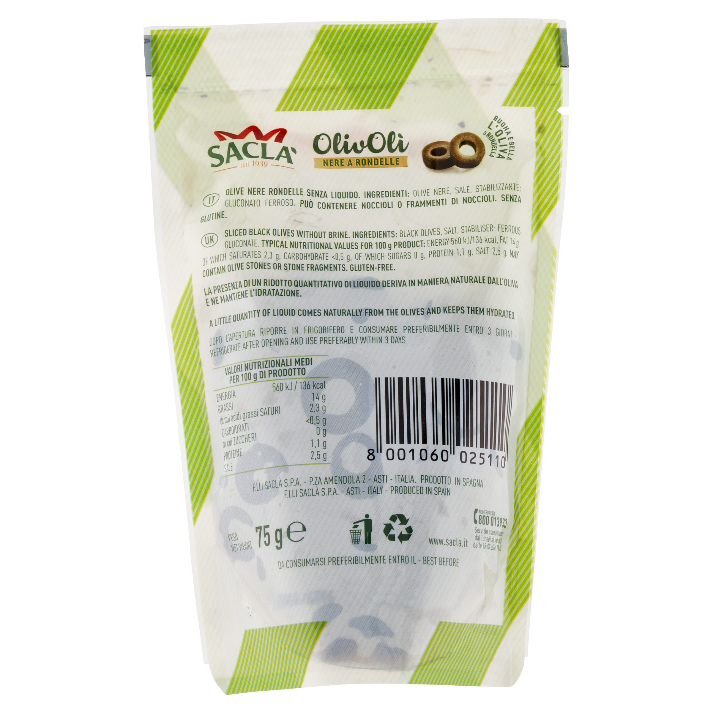 Saclà, OlivOlì, Olive Nere A Rondelle, Ideali per Insalate e per Arricchire i Tuoi Piatti, Senza Liquido, Busta, 75g, Confezione da 24 pezzi