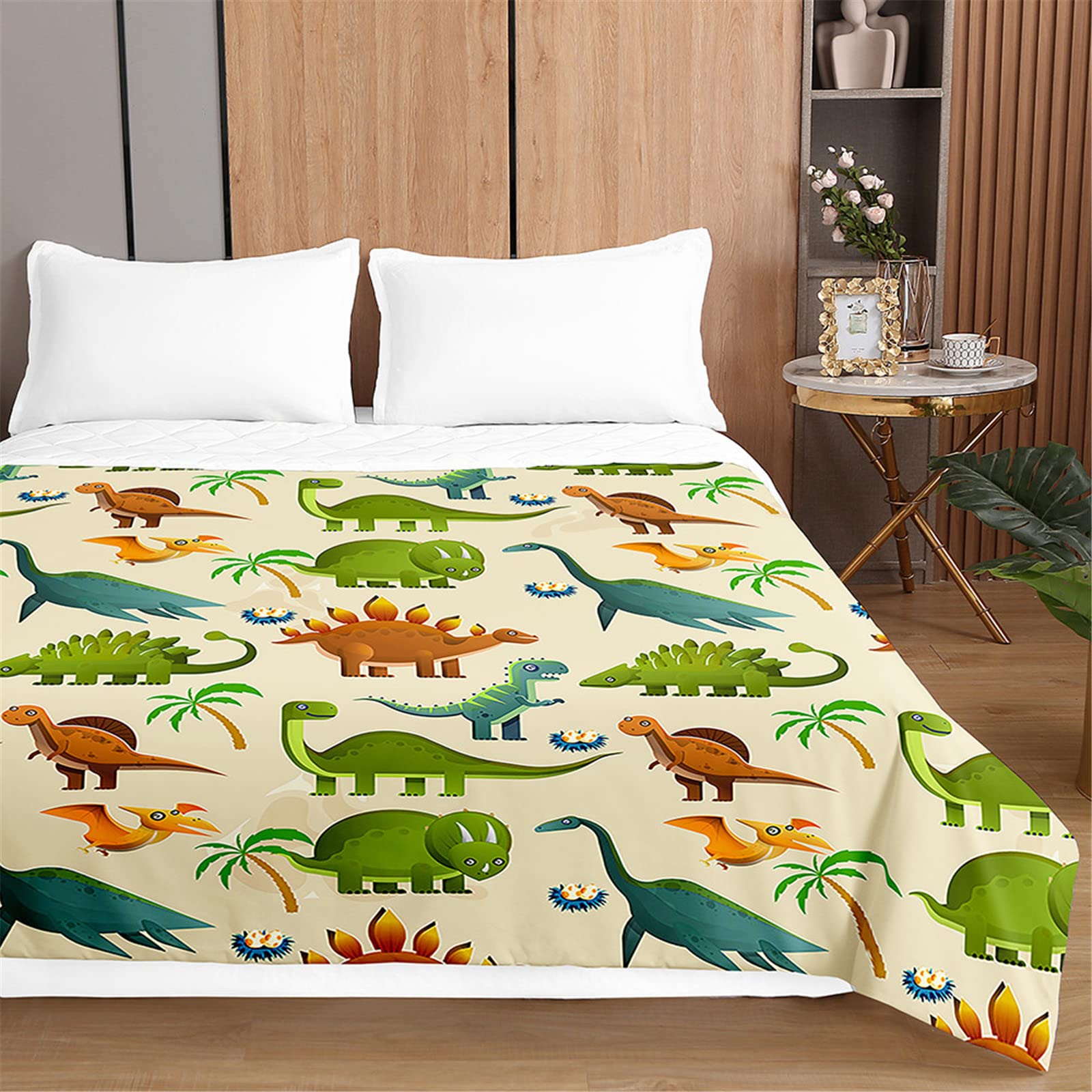 Oduo Dinosaur Print Quilted Bedspread Throw Soft Microfiber Lightweight Coverlet Quilt, Double King Quilted Coverlets Comforter Sofa Bed Cover Bedding for Bedroom (Coconut tree,200x230cm)