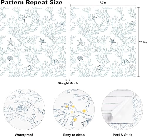 Miniatura 5 de WENMER Papel tapiz costero para despegar y pegar, 17.3 x 590 pulgadas, papel de contacto blanco y azul claro, conchas de coral, estrellas de mar,