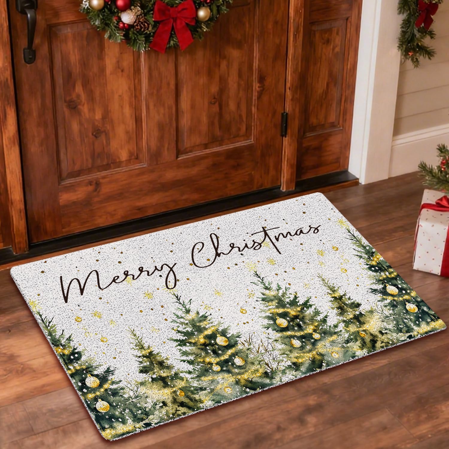 Winter Forest Christmas Door Mat, Gold Snowflake Ornament Christmas Tree Doormat Non-Slip for Porch Indoor Outside Entrance Entryway, Xmas Winter Holiday Welcome Mat Front Door, 17x30 Inch