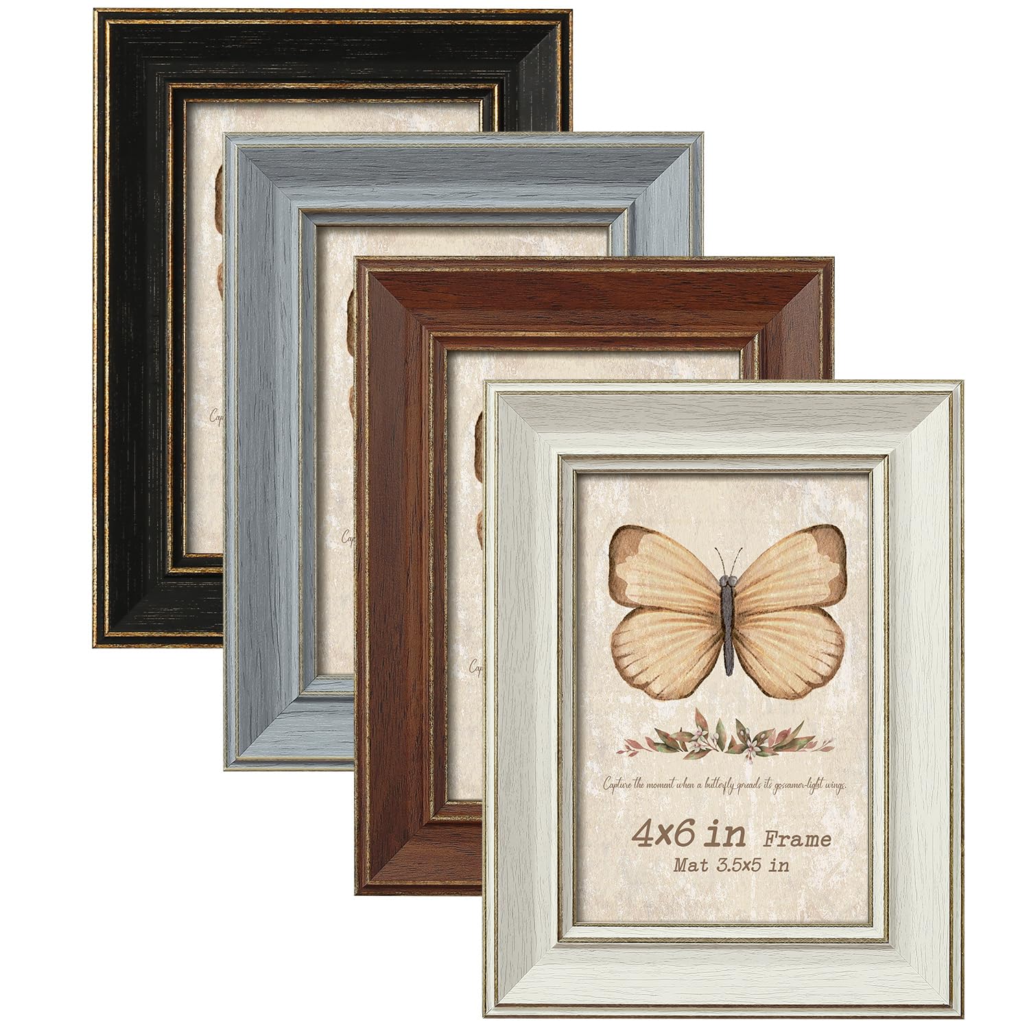 4x6 Picture Frames Set of 4, Rustic Farmhouse Photo Frame with Tempered Glass, Distressed Vintage Frame Bulk 3.5x5 With Mat and 4x6 Without Mat for Wall Mount or Tabletop Display, Home Office Gift
