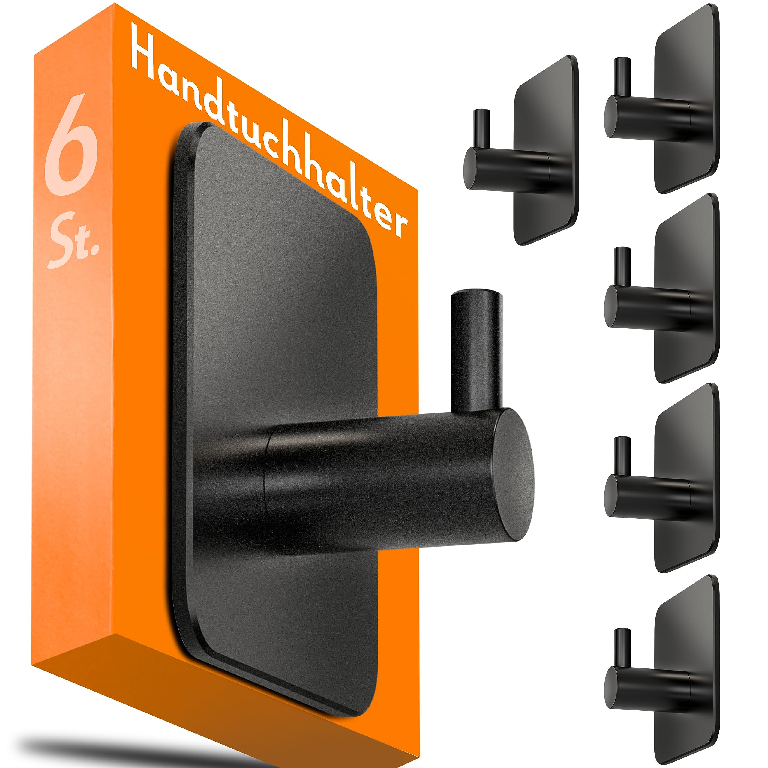 4smile Handtuchhalter ohne Bohren, 6er-Set, selbstklebende Handtuchhaken aus 304 Edelstahl, wasserdichte Klebehaken für Badezimme und Küche, 10 kg, schwarz Haken für Fliesen