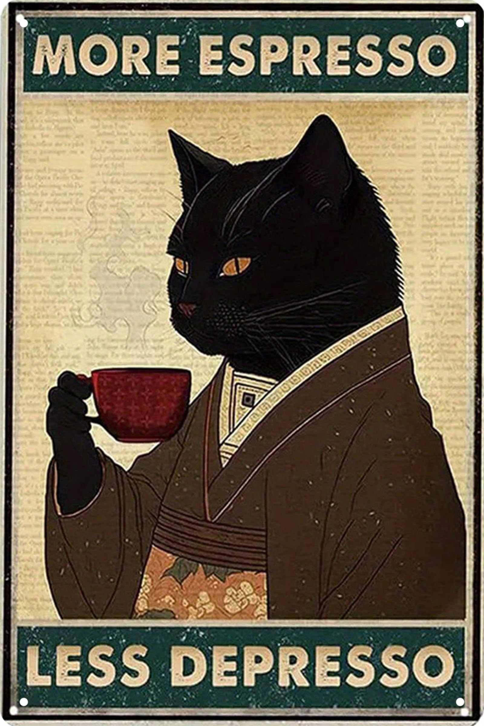 Retro Coffee Tin Sign,Black Cat Metal Sign,More Espresso Less Depresso
