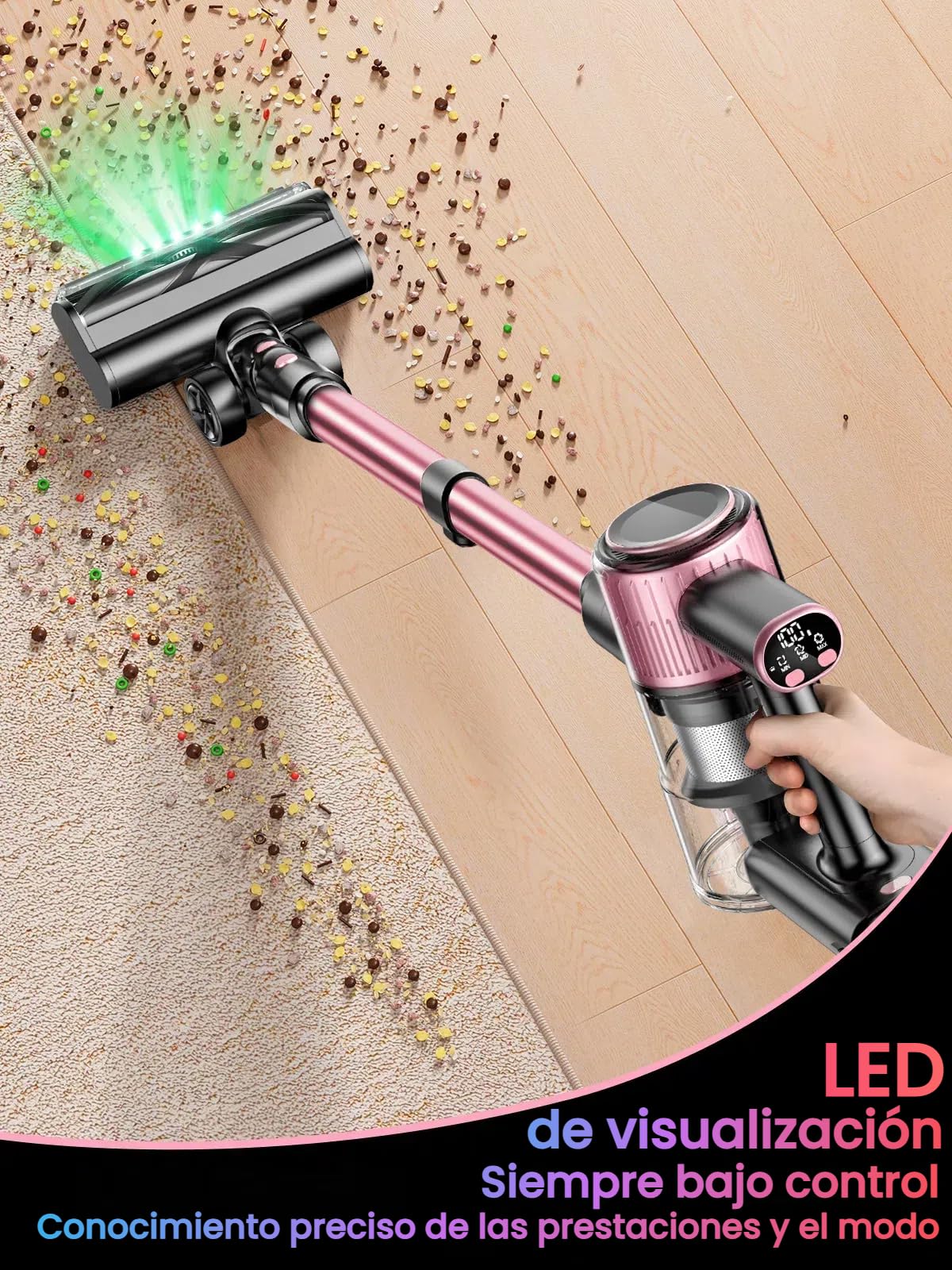 45KPa/500W Aspiradora sin Cable, Potente hasta 45 Mins con Smart Screen, 1.5L y Manguera Extensible, con Smart Screen y Cepillo Antienredos, Alfombra Pelo Mascota Suelo（Polvo）