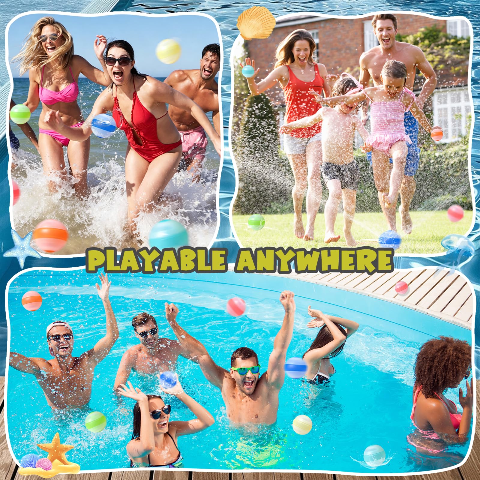 Bombe a Eau Réutilisables Auto-obturantes, 16 Pièces Ballons d'eau Réutilisables en Silicone pour Extérieur, Parcs Aquatiques, Plages et jeux Familiaux, Jouet d'été pour Enfants et Adultes