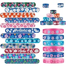 48PCS Cartoon Tropical Party Favor Hawaiian Element Palm Leaves Hibiscus Flowers Pattern Slap Bracelets Rubber Wristbands, Hawaiian Element Palm Leaves Birthday Decorations