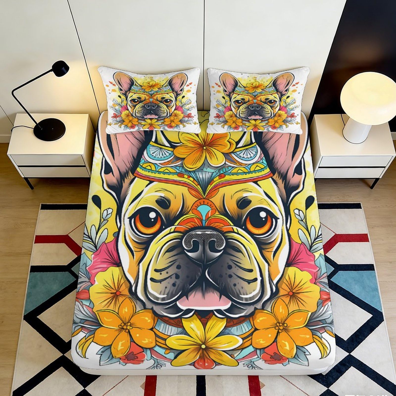Uynsixtme Style-8 3D Printed French Bulldog Floral Fitted Sheet Microfiber Deep Pocket Bedroom Bedding Set, Bulldog Floral Mattress Fitted Cover Elastic Non-Slip Wrap 200X200x25cm