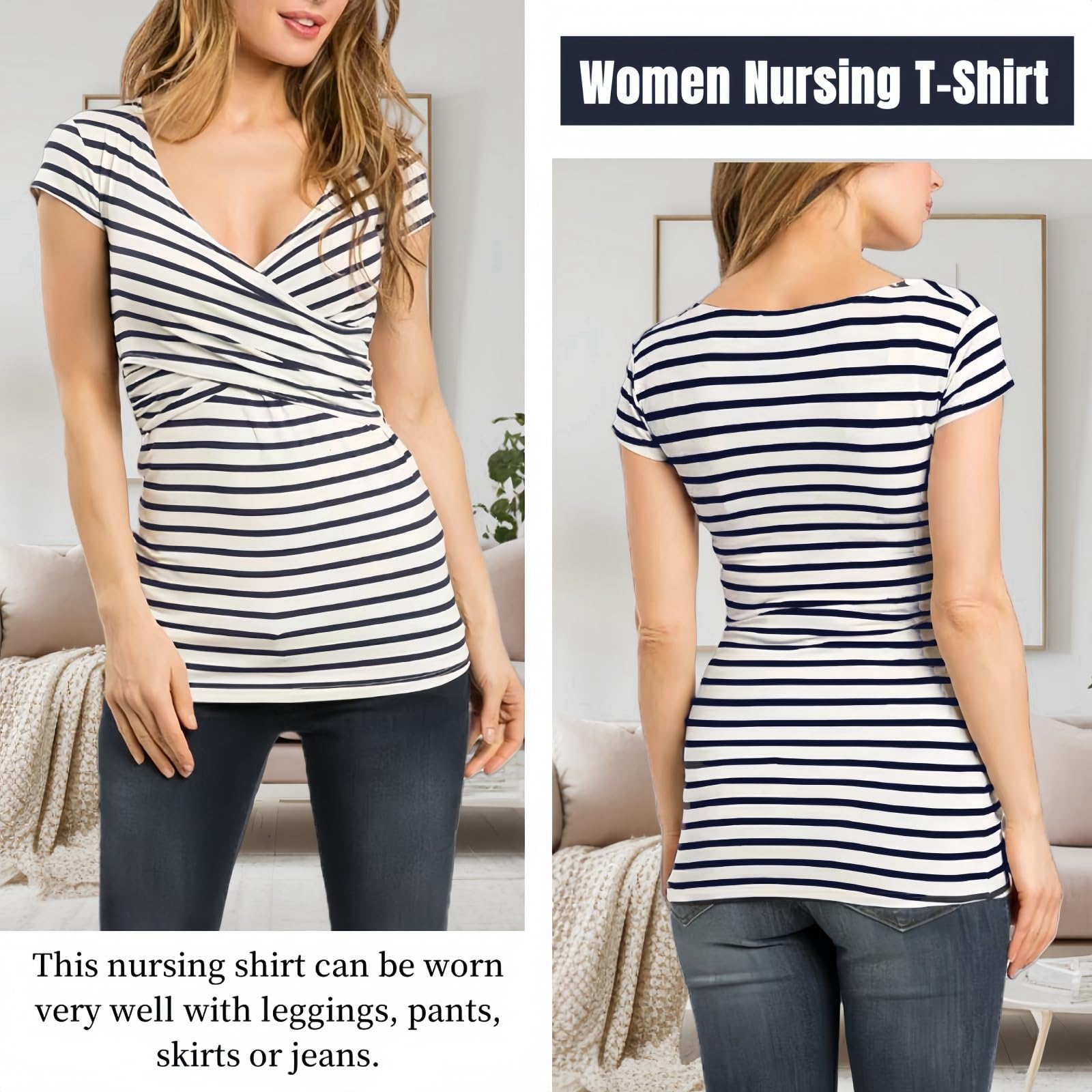 SamHeng Femmes Hauts Maternité Manches Courtes T-Shirt Allaitement Décolleté en V Hauts à Ouverture pour Allaitement Vêtements de Grossesse