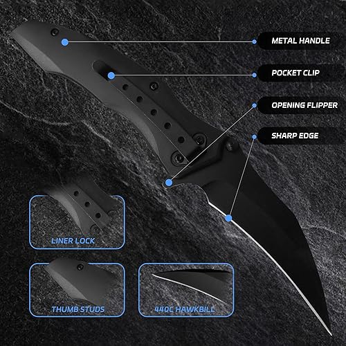Miniatura 4 de Kitory Cuchillo de bolsillo, cuchillo plegable EDC al aire libre, multiuso de acero inoxidable 8Cr15MoV, hoja de pico de halcón negro, estilo