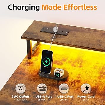 151cm Computer Desk with 6 Fabric Drawers, Reversible Home Office Desk with Printer Cabinet, Writing Desk with Monitor Stand & Power Outlets, Study Table with LED Light, Rustic Brown