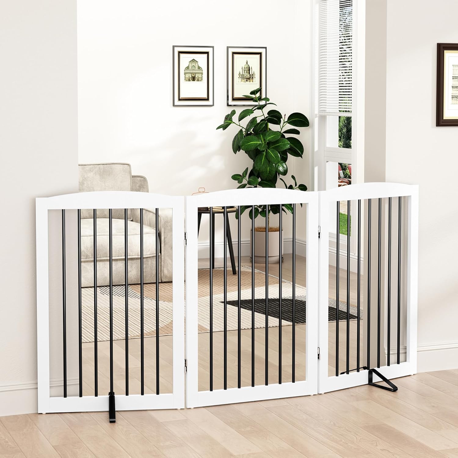 Freestanding Pet Gate for Dogs, Foldable Wooden Dog Gate for House Indoor, Tall Pet Fence for Stair, Doorway,Hall, Support Feet Included, 3 Panels 32",White 32" Height-3 Panel White & Black