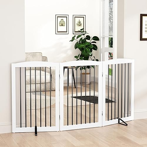 Miniatura 21 de Puerta independiente plegable para mascotas para perros, puerta plegable de madera para perros para la casa, barrera interior extra ancha para Negro