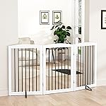 PUPETPO Freestanding Pet Gate for Dogs, Foldable Wooden Dog Gate for House Indoor, Tall Pet Fence for Stair, Doorway,Hall, Support Feet Included, 3 Panels 32,White