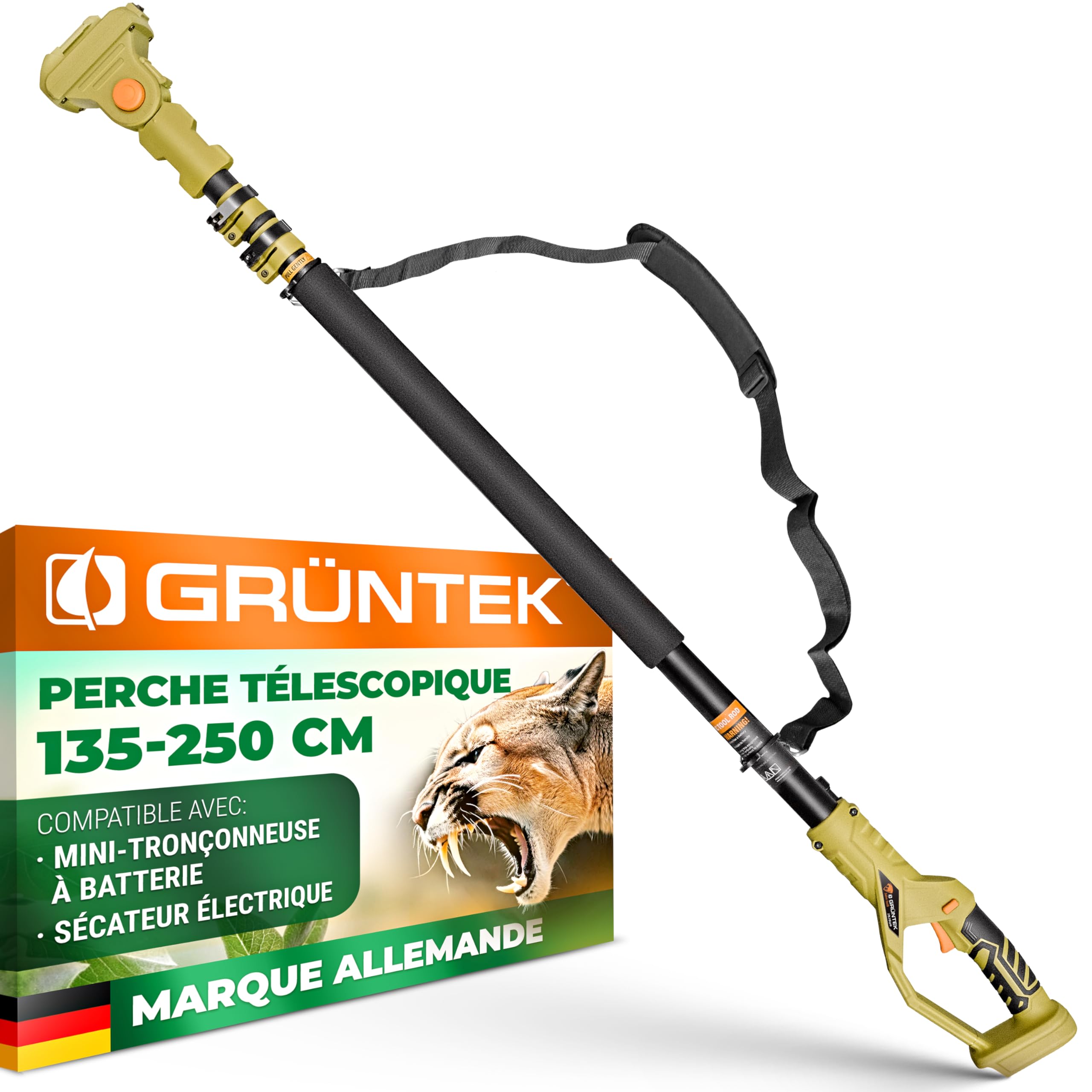 GRÜNTEK Scie Perche Télescopique – Rallonge Mini-Tronçonneuse et Rallonge Sécateur Électrique – Perche Tronçonneuse Aluminium 135-250 cm pour Élagage et Taille Branches en Hauteur