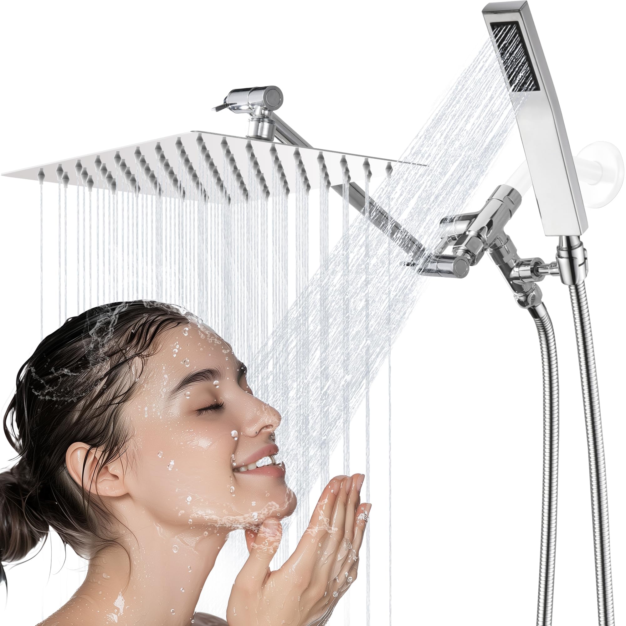 All Metal Dual Square Shower Head With Handheld Spray, 8'' Shower Head Combo Set With 3-Way Diverter, High Pressure Rainfall Shower Head With Extension Arm, 71’’ Extra Long Hose(Chrome)