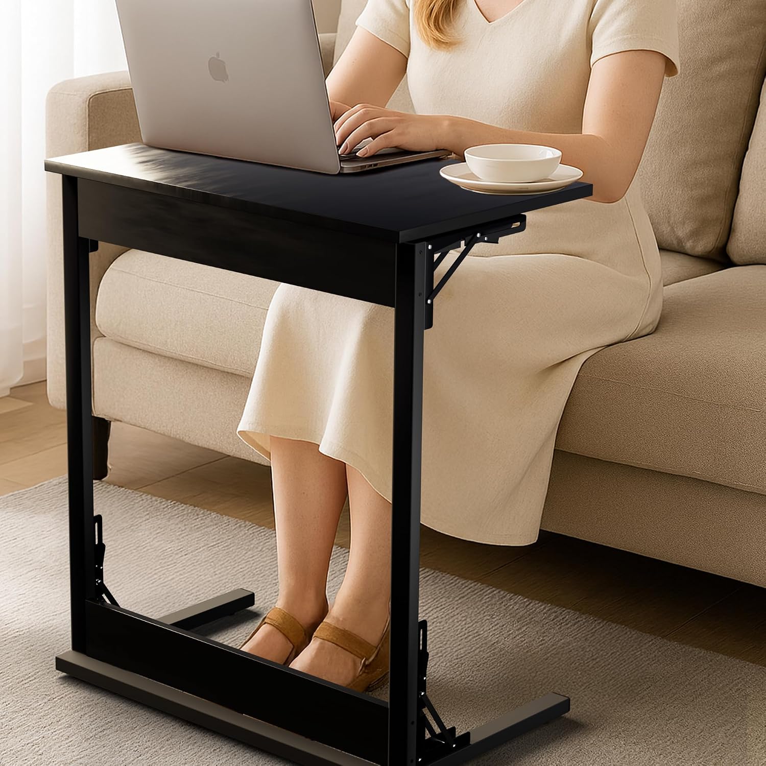 COSIEST Folding TV Tray Table, Small Foldable C-Shaped End Table for Couches, Sofa-Side Laptop Desk with Metal Frame for Living Room, Bedroom (23.6" W x 14.5" D x 27.5" H, Black)