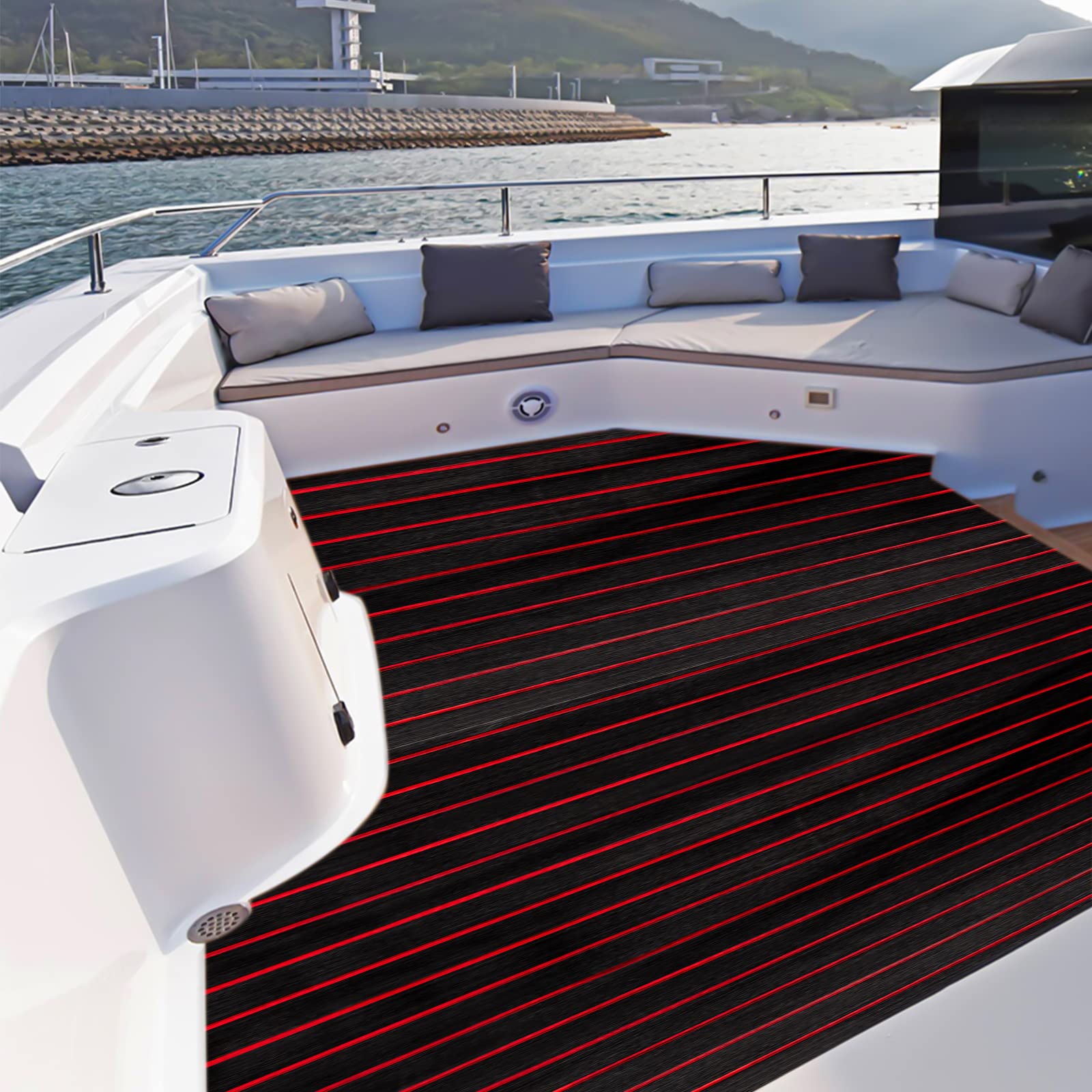Eva Schaum Boot 240x90cm selbstklebend, 6mm Dicke Anti-Rutsch Bodenbelag, Marine Rutschfester Boden, Schwarz-Rot Teakoptik, Einfache Installation und Wasserdicht, für Yacht und Boot