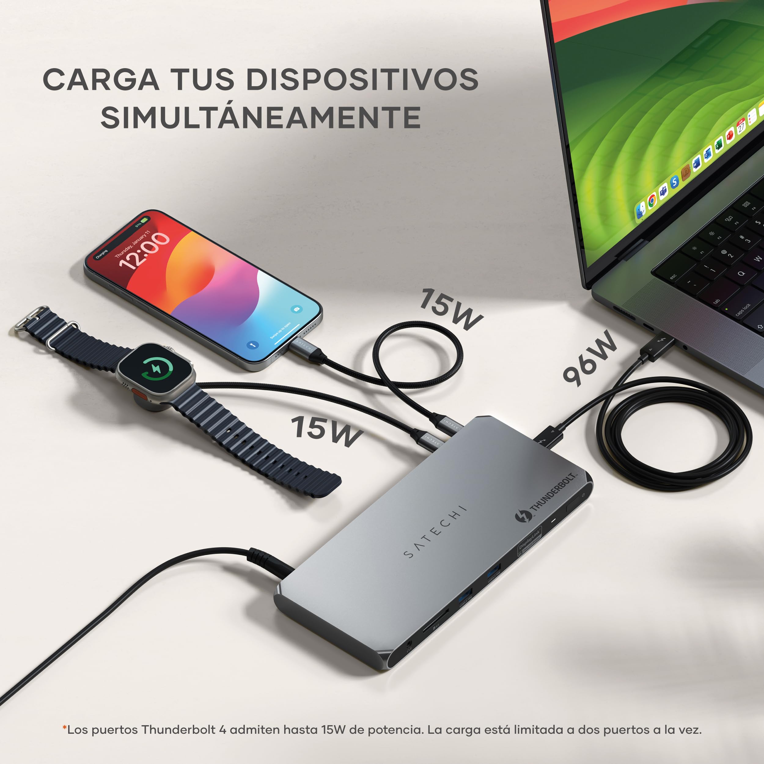 SATECHI Docking Station 12 en 1 Thunderbolt 4, HDMI, 96W, DisplayLink | 3x Thunderbolt 4 a 40Gbps, 2x HDMI 4K@60Hz, 2x USB-A 10Gbps, Ethernet, lector SD (requiere DisplayLink)