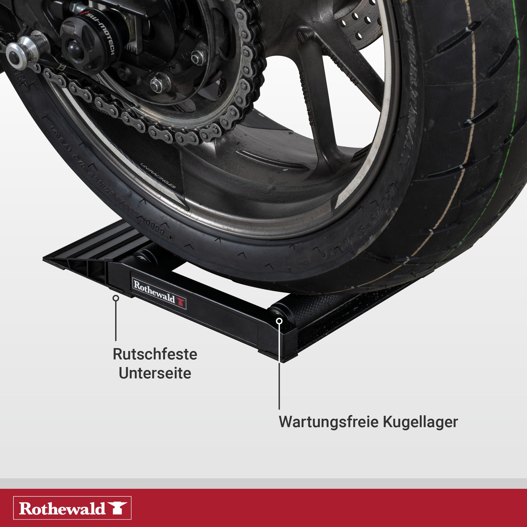 Rothewald Hinterrad Drehhilfe Alu, bis 400kg, Reinigungs-Ständer für Ketten & Reifen, Rollenständer Ideal zur Inspektion, Wartung & zum Kette Schmieren, für das Hinterrad