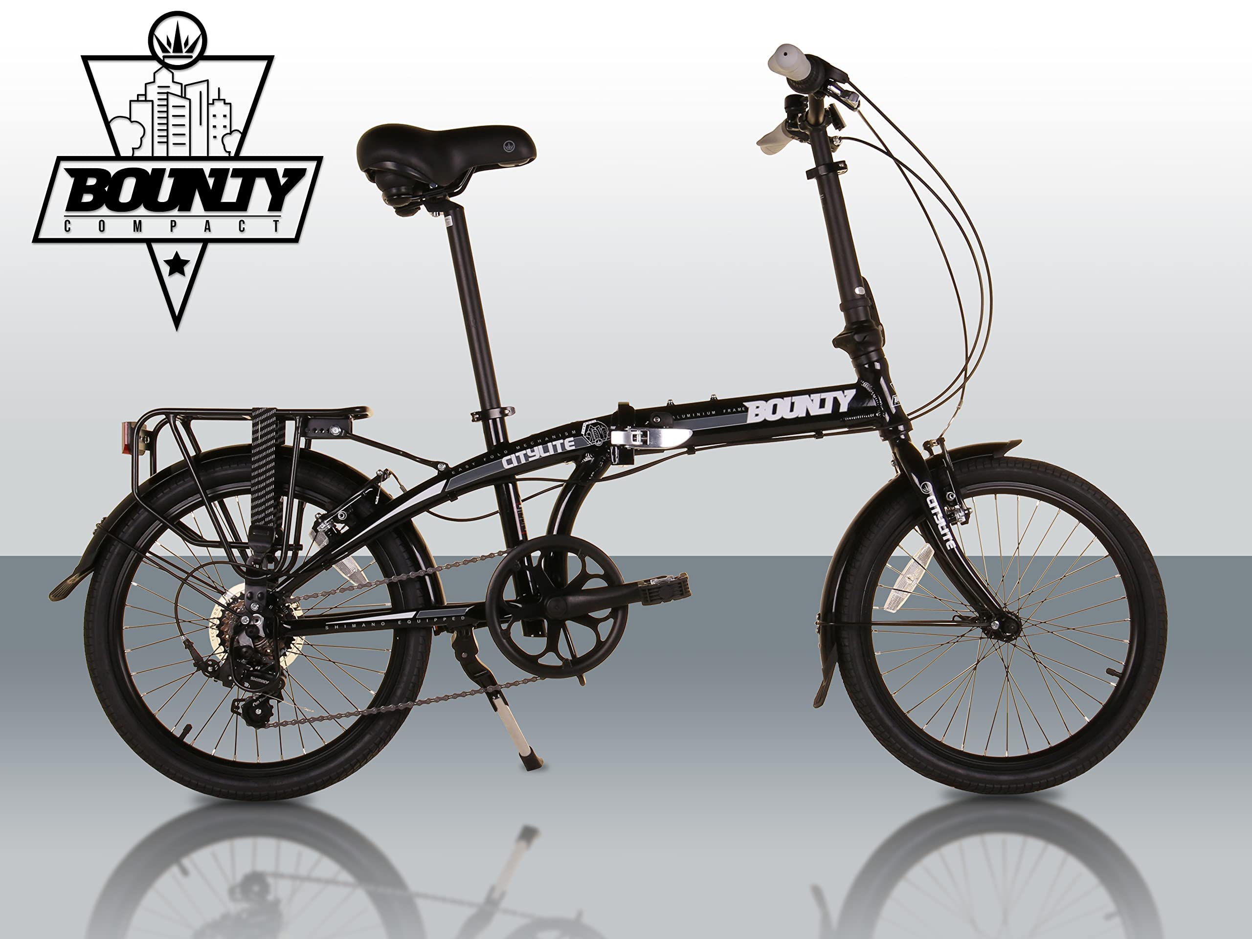 Bounty Citylite Bicicleta Plegable | Cuadro Aluminio Ligero | 6 Velocidades Shimano con Cambios Revo | Perfecta para ir al trabajo | Bicicleta Plegable | Bicicleta Adulto, Negro