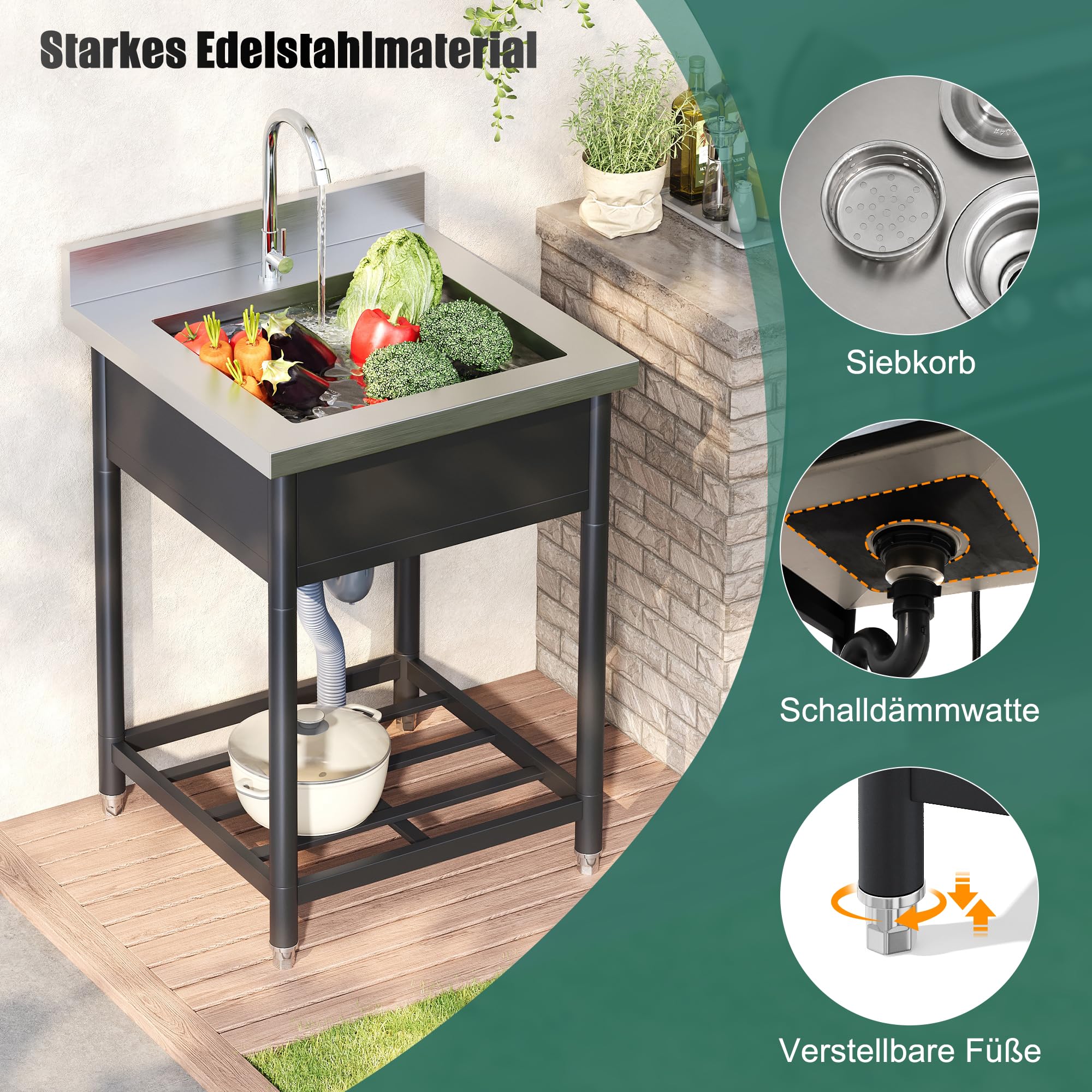 Lavello autoportante in acciaio inox con rubinetto e scarico, 60 x 60 cm, per cucina all'aperto, giardino, officina e gastronomia, robusto lavello da cucina da giardino con ripiano