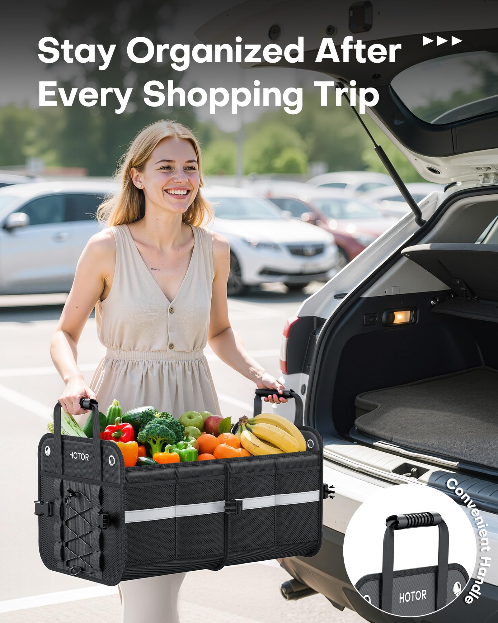 HOTOR Trunk Organizer for SUV – Car Storage Box with Reflective Strips, Collapsible Car Organizer with Large Capacity, Essential Car Accessories for Truck, Van & Sedan, Black, 22.1" x 13.0" x 12.0"