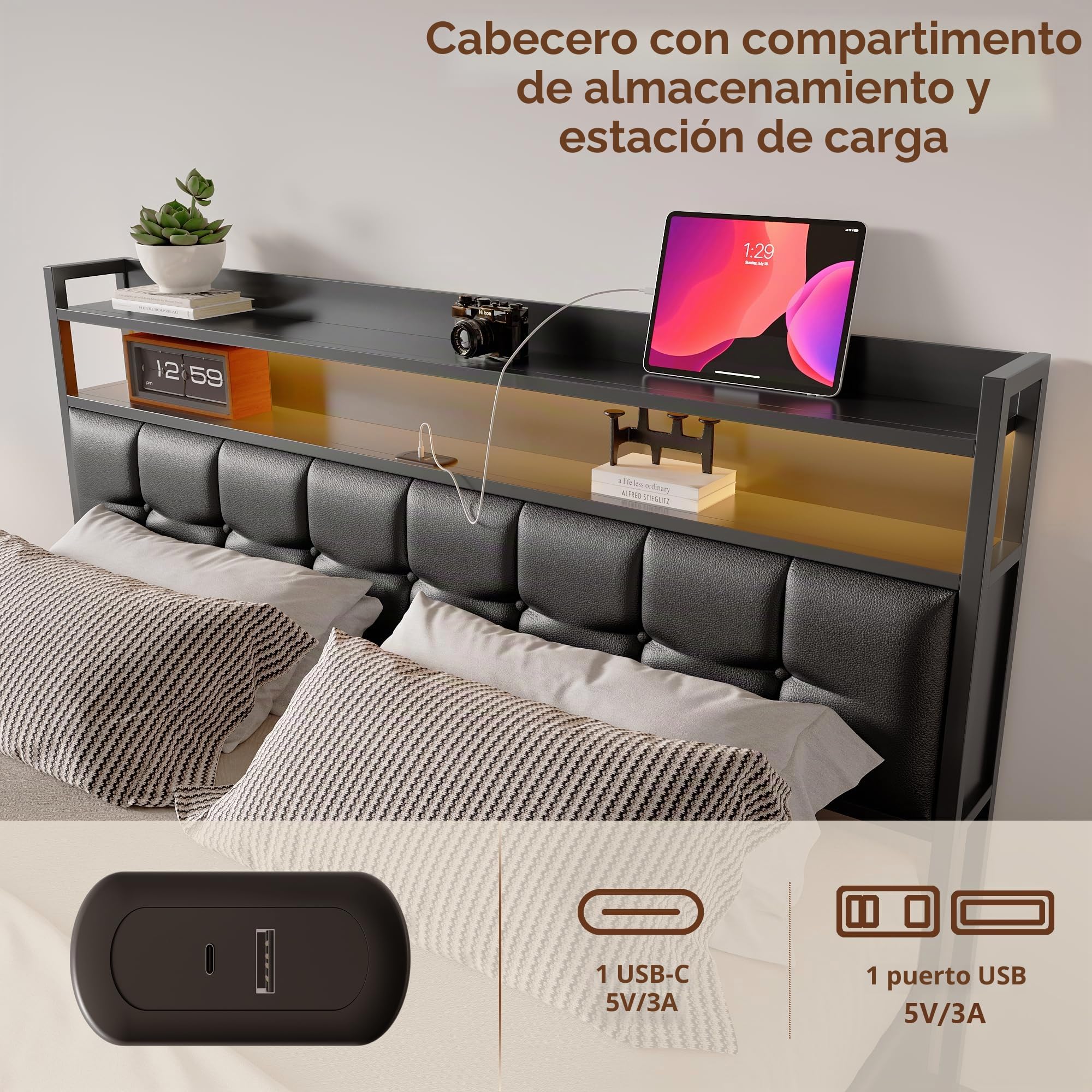 Cama de Matrimonio 140x200 con Almacenaje y Cabecero, Cama Doble Tapizada con LED y USB-C Camas Matrimoniales 140x200 con Hidráulica Almacenaje Marco de Cama matrimonial Tela de PU Negro, Sin Colchón
