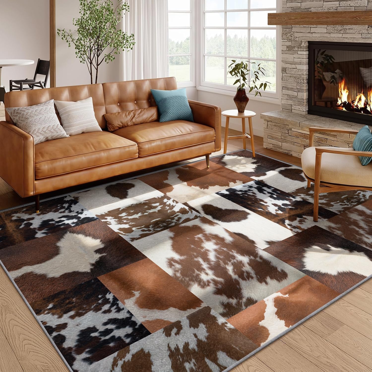 HONGXIU Cowhide Rugs for Living Room - 60x110 Rug, Cow Print Patchwork Washable Rugs for Living Room Bedroom, Cowboy Faux Cowhide Area Rug, Animal Print Carpet, Rustic Western Home Decor