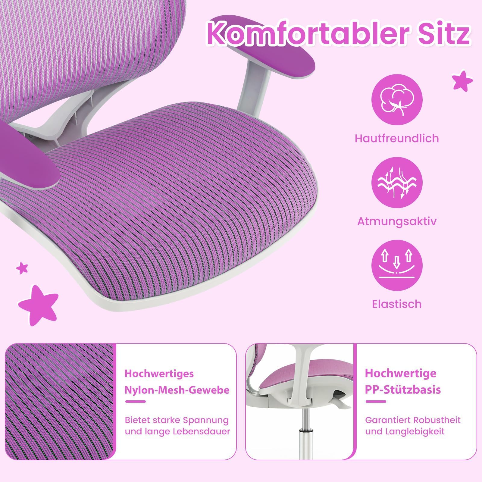 COSTWAY Kinder Schreibtischstuhl 360° drehbar, Sitzhöhe 43-55cm höhenverstellbar, Kinderdrehstuhl ergonomisch mit Rollen, Bürostuhl mit Rückenlehnen & Armlehnen für Kinder ab 6 Jahren (Lila)