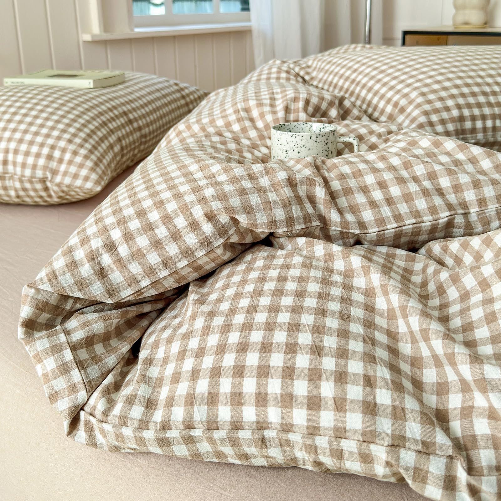 Housse De Couette 3 Pièces Taille Reine - Motif Grille Jaune (carreaux Vichy/ferme) - Microfibre