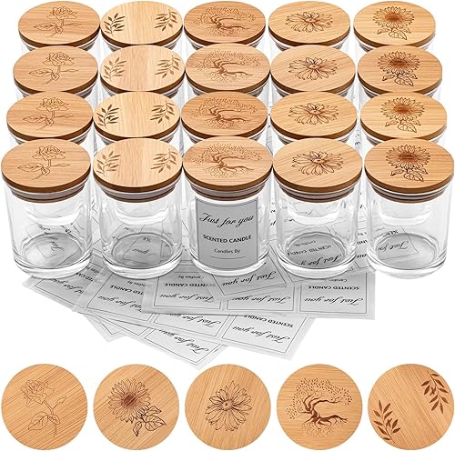 Tioncy 20 tarros de velas de 7 onzas con tapas de bambú para hacer velas, tarros de velas transparentes con etiquetas adhesivas, recipientes vacíos