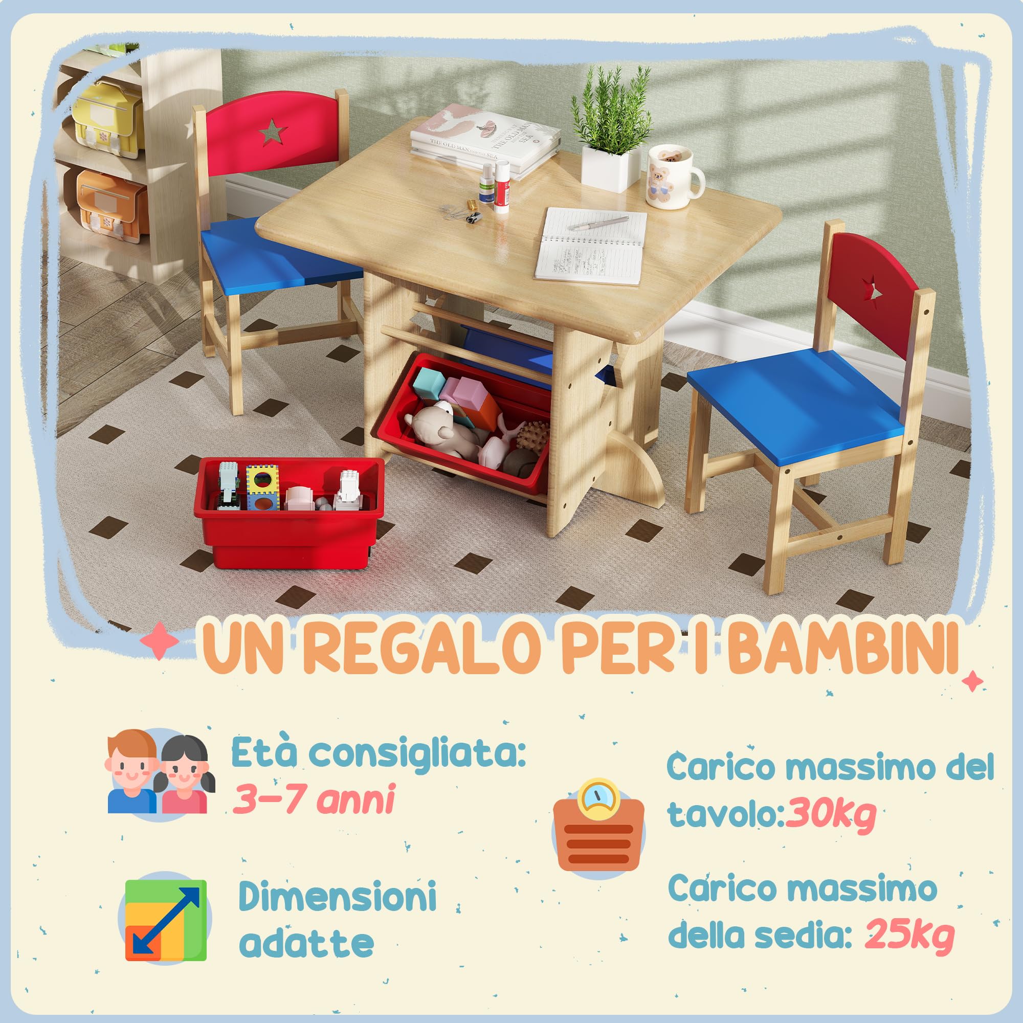 AIYAPLAY Set Tavolino e Sedie per Bambini 3-7 Anni, Tavolo per Bambini con 2 Sedie e 4 Contenitori Portaoggetti per Cameretta, in MDF e Legno di Pino, Color Legno