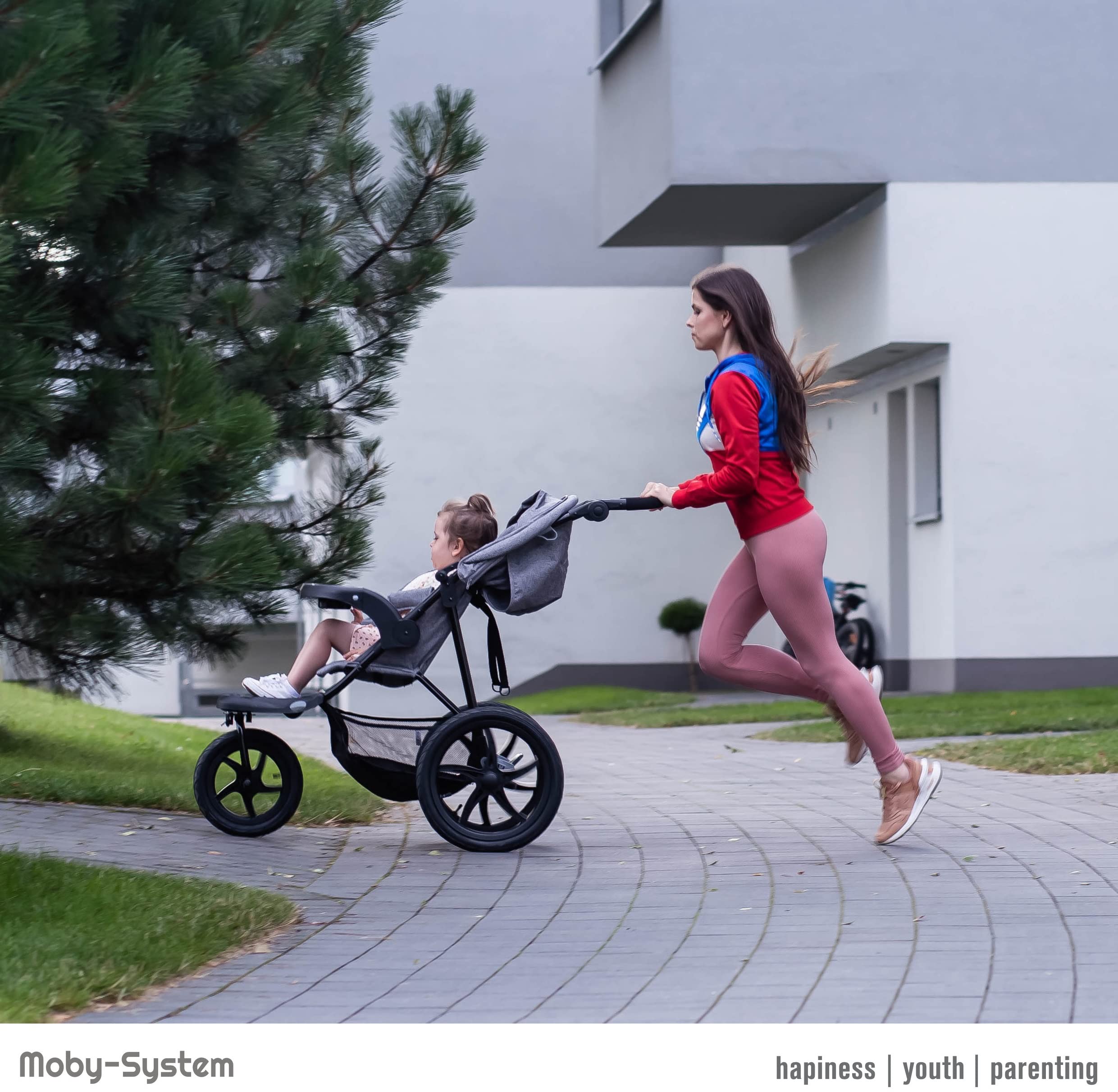 Moby-System Runner Mountain Dreirad-Kinderwagen mit Regenschutz, 5-Punkt-Gurt, Reflektoren - Kinderwagen Zubehör für Kinder bis 15 kg, Grau - Leicht Zusammenklappbar