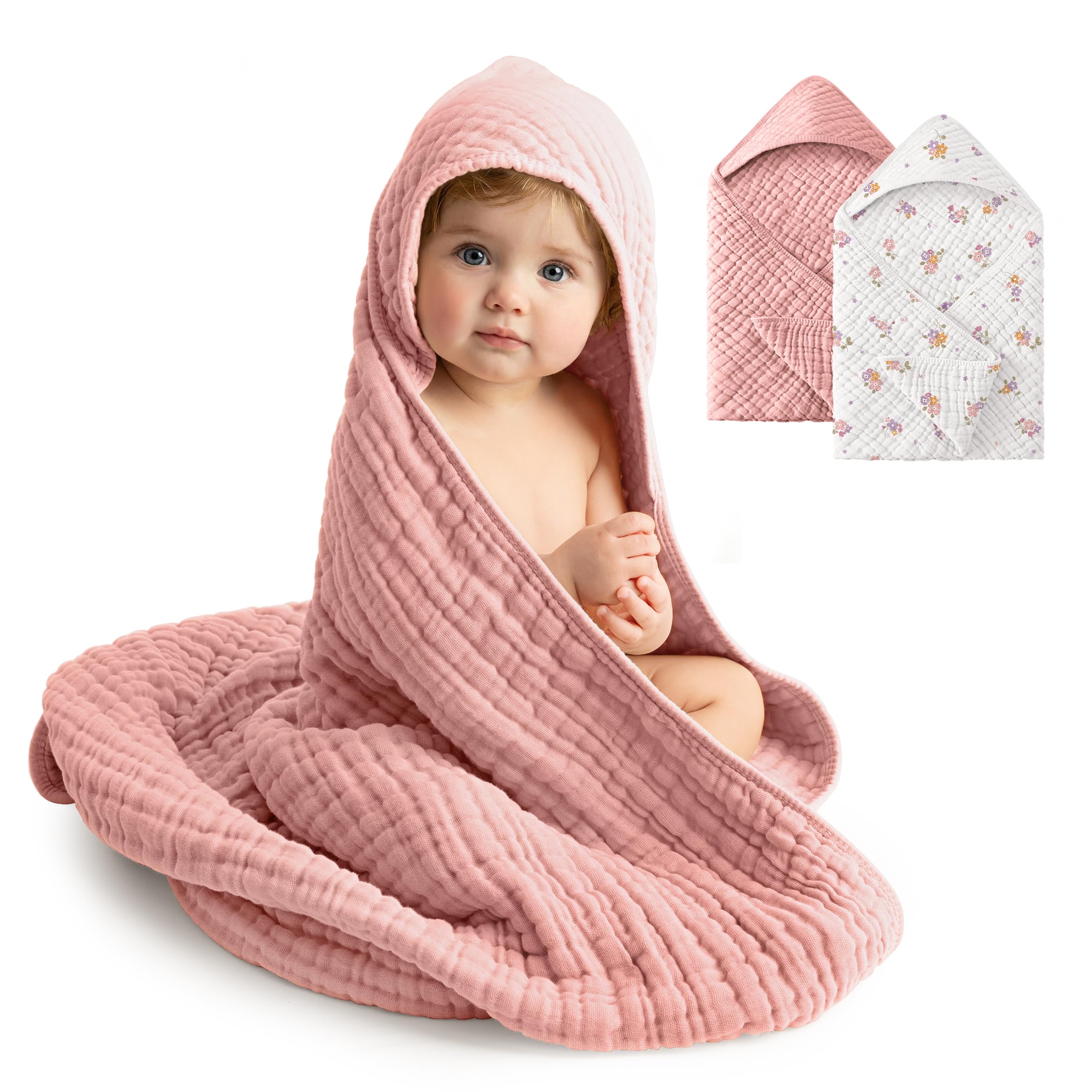 FIEMOL Baby Bath Towels, 100% Muslin Cotton Hooded Baby Towels for Newborn, 2 Pack Baby Towels with Hood for Infant Toddler and Kids, Large 32x32Inch Unisex Bath Essentials, Soft and Absorbent