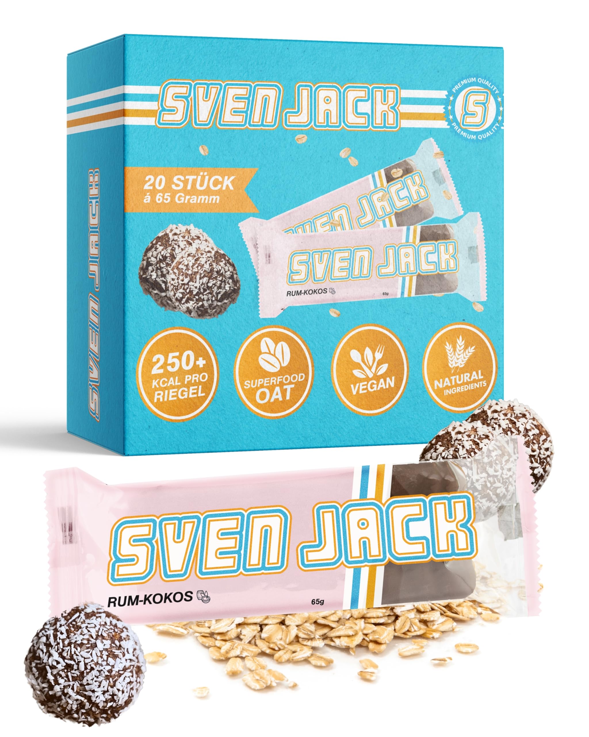 Sven Jack (Energy Cake) Haferriegel Rum-Kokos 20x 65g I Original Haferflocken Energieriegel I Veganer & Laktosefreier Haferriegel I Langkettige Kohlenhydrate & wenig Zucker I Müsliriegel