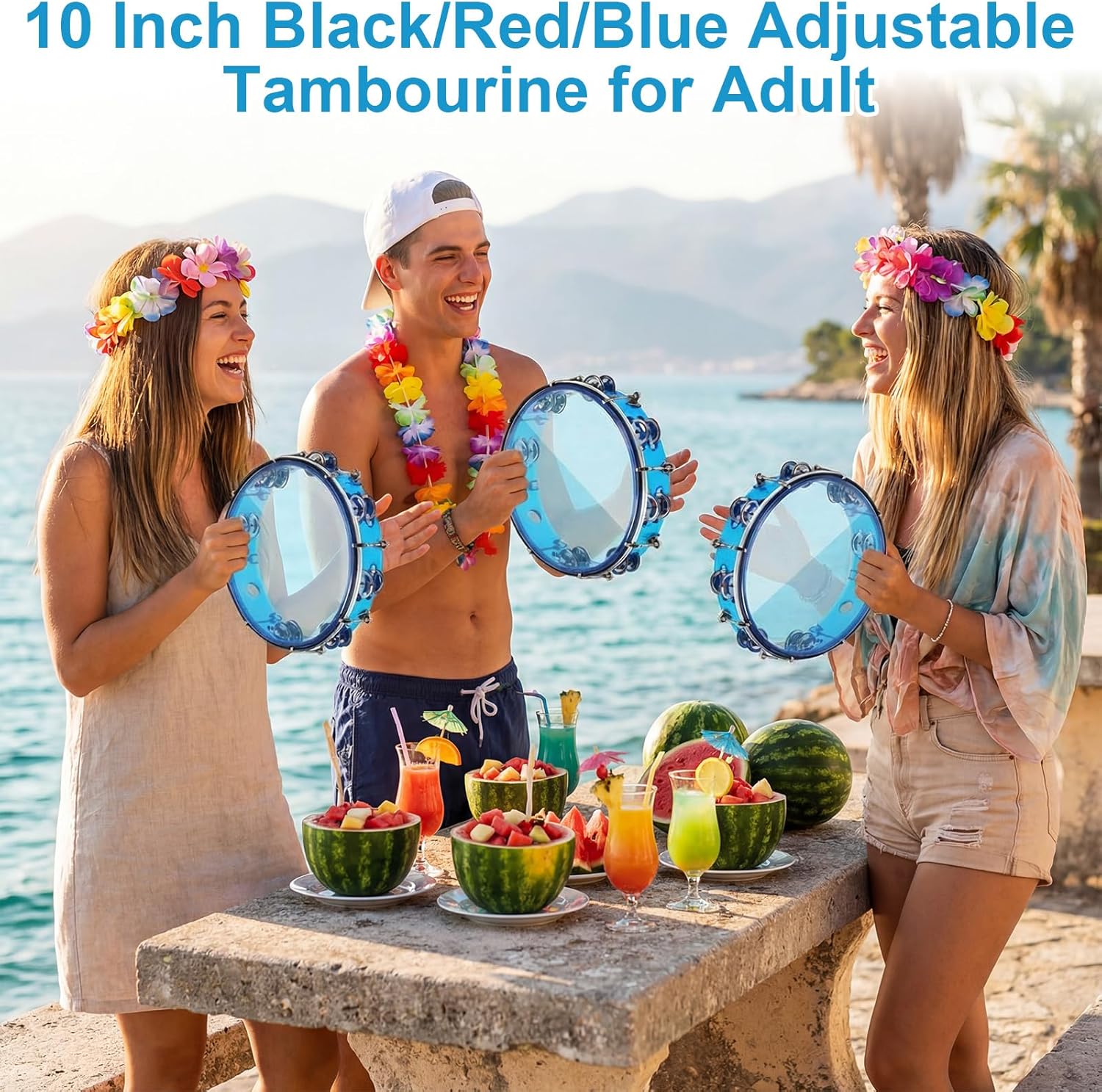 Boao 4 Pack 10 Inch Tambourine for Adults Church, Adjustable Tone Handheld Percussion Instrument Double Row Metal Jingles with Tuning Key Performance Level Panderetas for Concert Live Party(Blue)