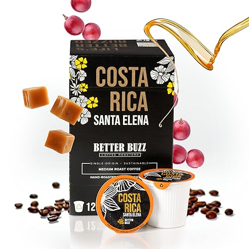 Better Buzz Costa Rica - Cápsulas de café de tueste medio de 12 unidades, cápsulas de café reciclables producidas por energía solar de California,
