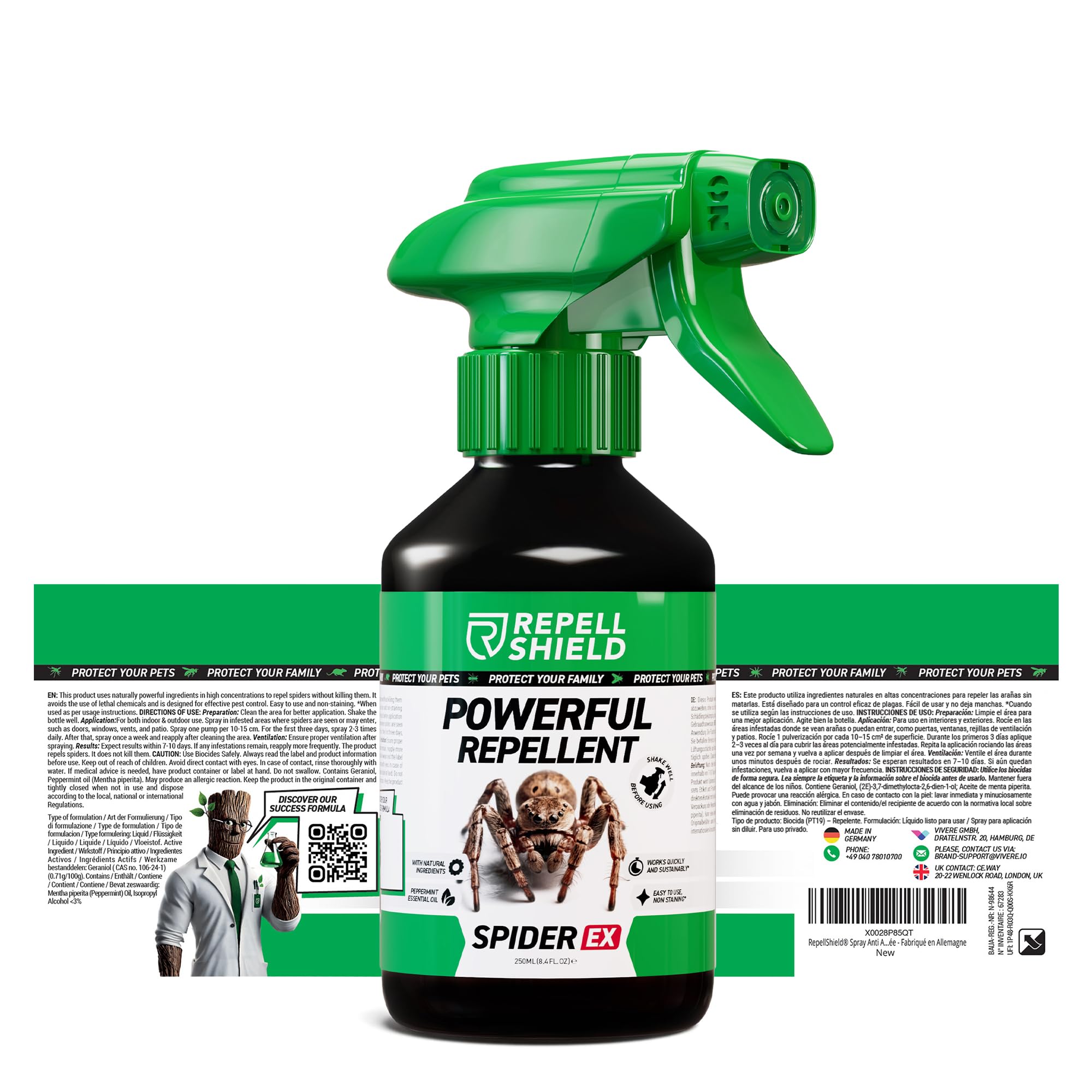 RepellShield® Spray Repelente Arañas Natural -250ml- Anti Arañas Casa con Geraniol y Aceite Esencial de Menta - Uso Interior y Exterior - Seguro para Hogar, Mascotas, Jardín - Fácil de Usar, No Mancha