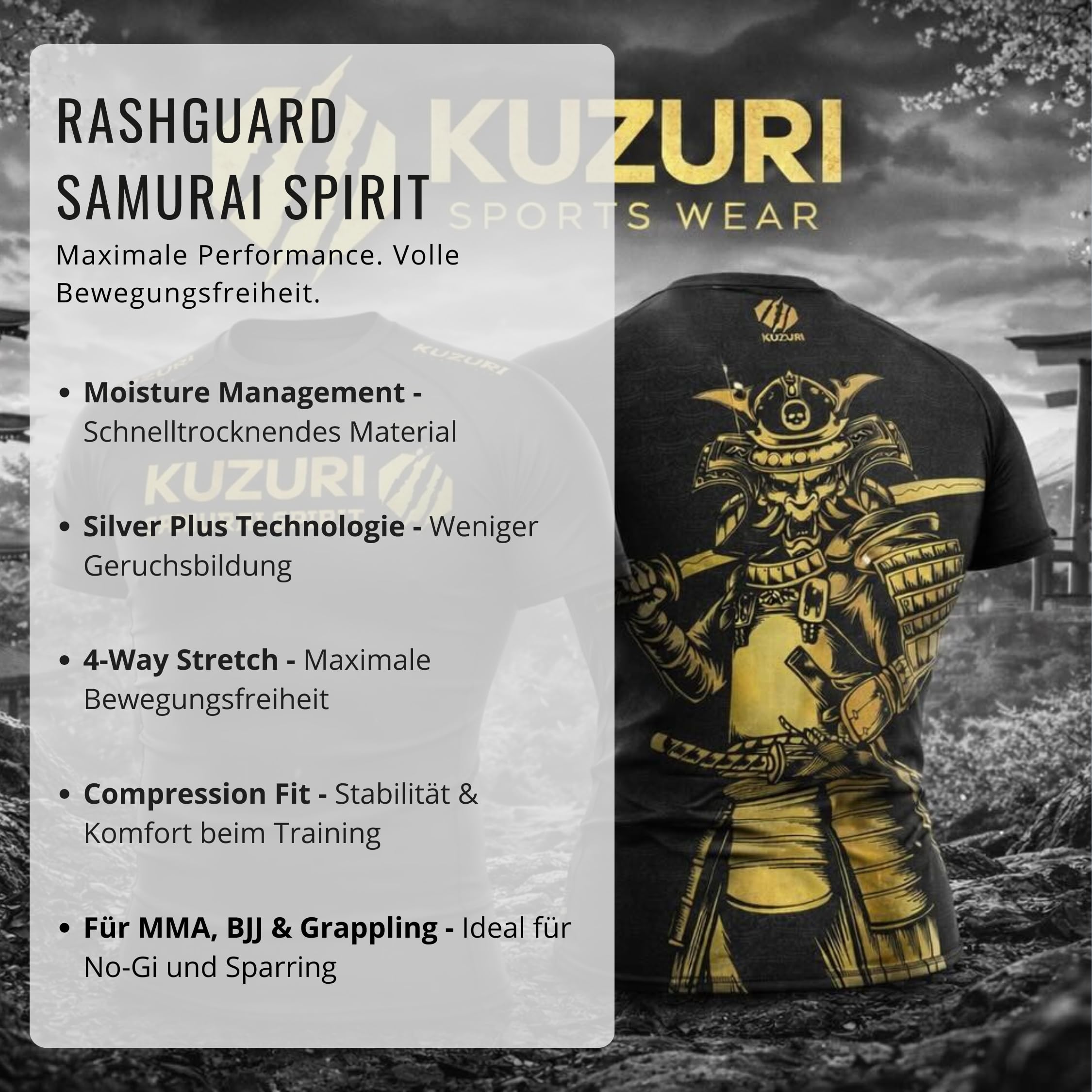 KUZURI Rashguard Herren BJJ Kurzarm – MMA Compression Shirt für No-Gi, Grappling & Kickboxen – Atmungsaktives Funktionsshirt Samurai Spirit Schwarz/Gold