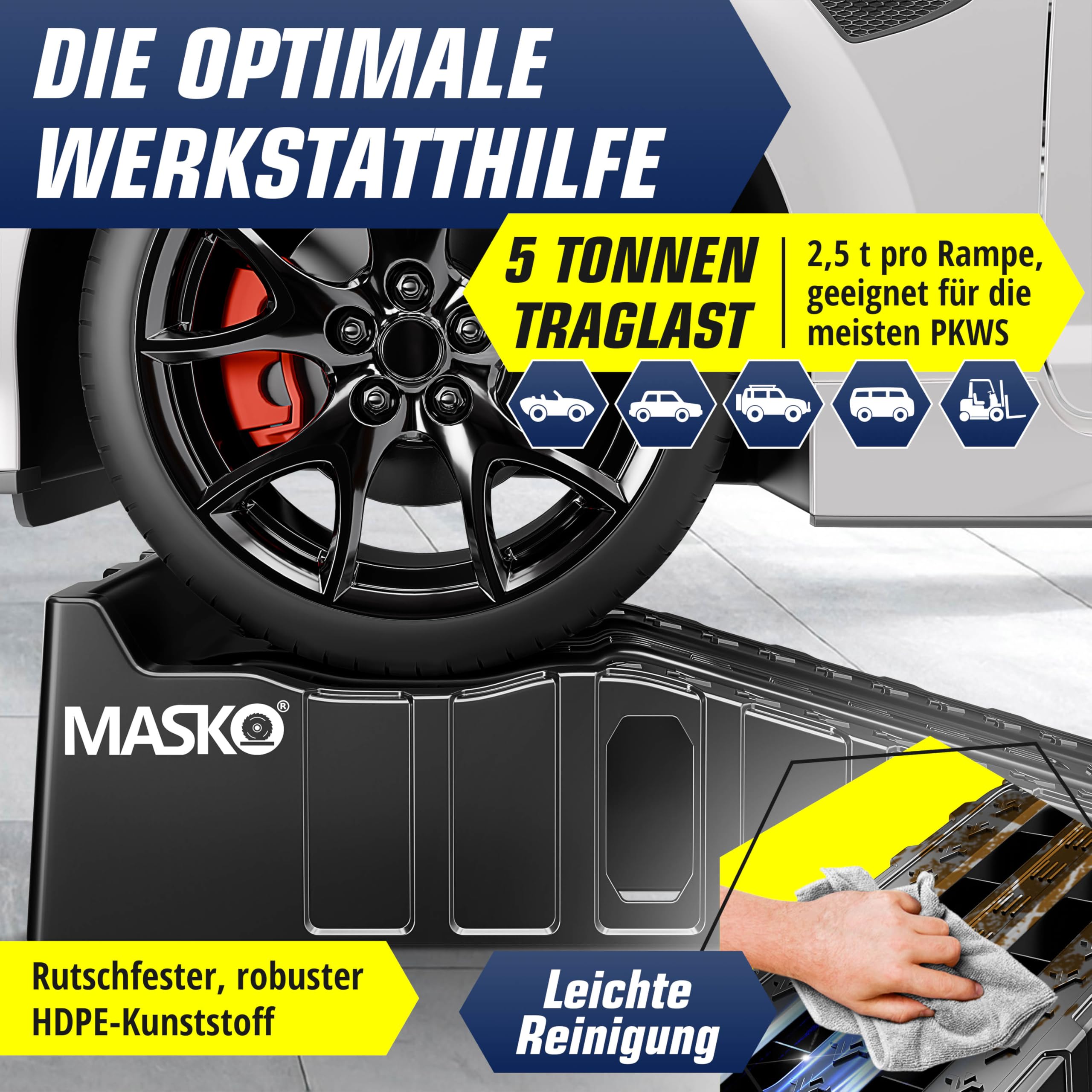 MASKO® Juego de 2 Rampas de Carga de hasta 5 Toneladas de Capacidad de Carga, Rampa de Coche con Protección Antivuelco, Antideslizante, Estable, Rampa de Carga Extra Ancha, Rampa de Garaje