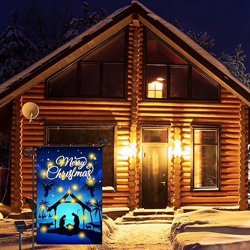 Miniatura 7 de Nativity - Bandera de jardín iluminada de Navidad, bandera religiosa de arpillera LED solar para patio – Cartel rústico de noche santa