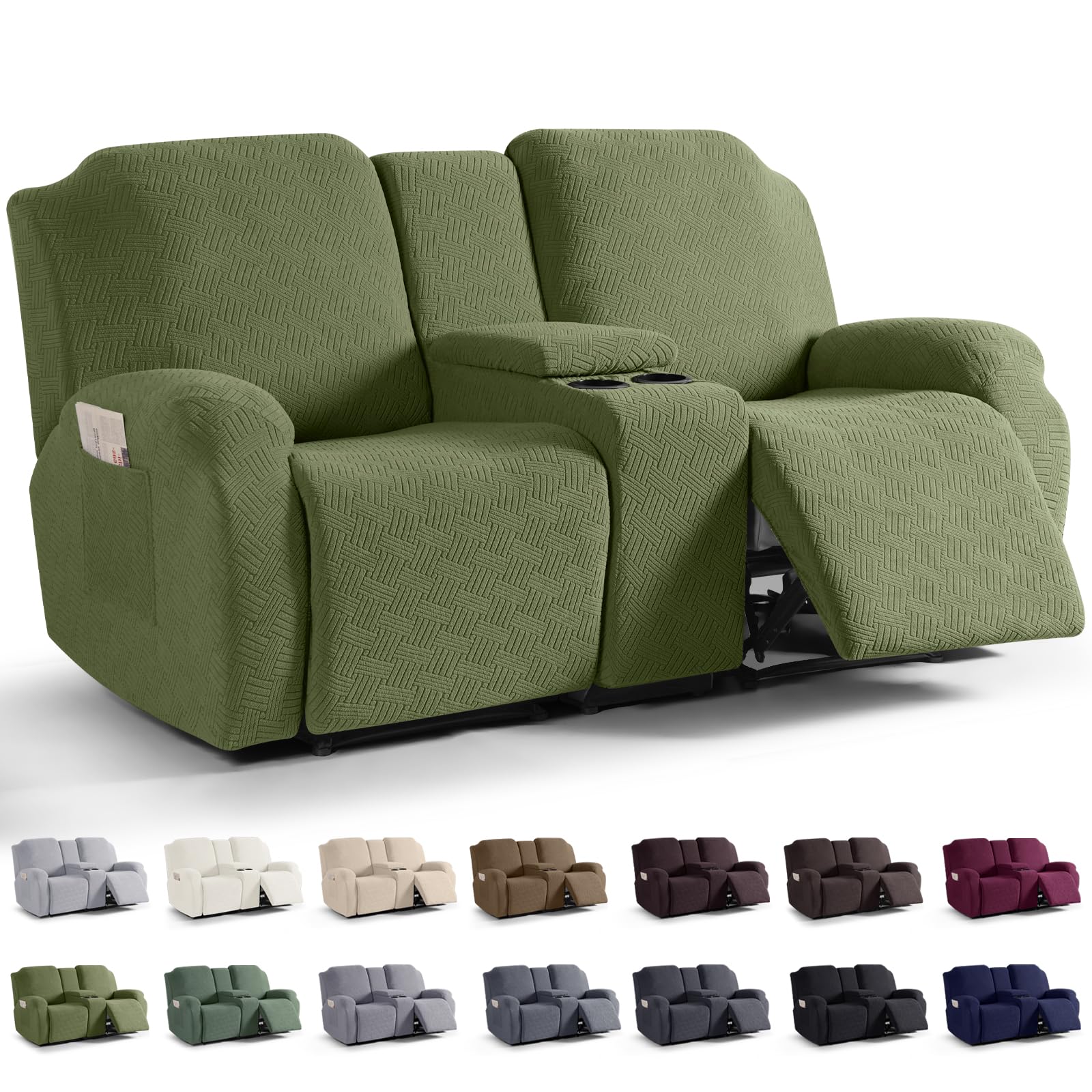 Photo 1 of KinCam Loveseat Recliner Covers with Middle Console Slipcover, Recliner Sofa Covers 2 Seat Couch Cover Stripe Jacquard Furniture Protector Covers with Elastic Bottom for Kids, Pets(Olive Green)