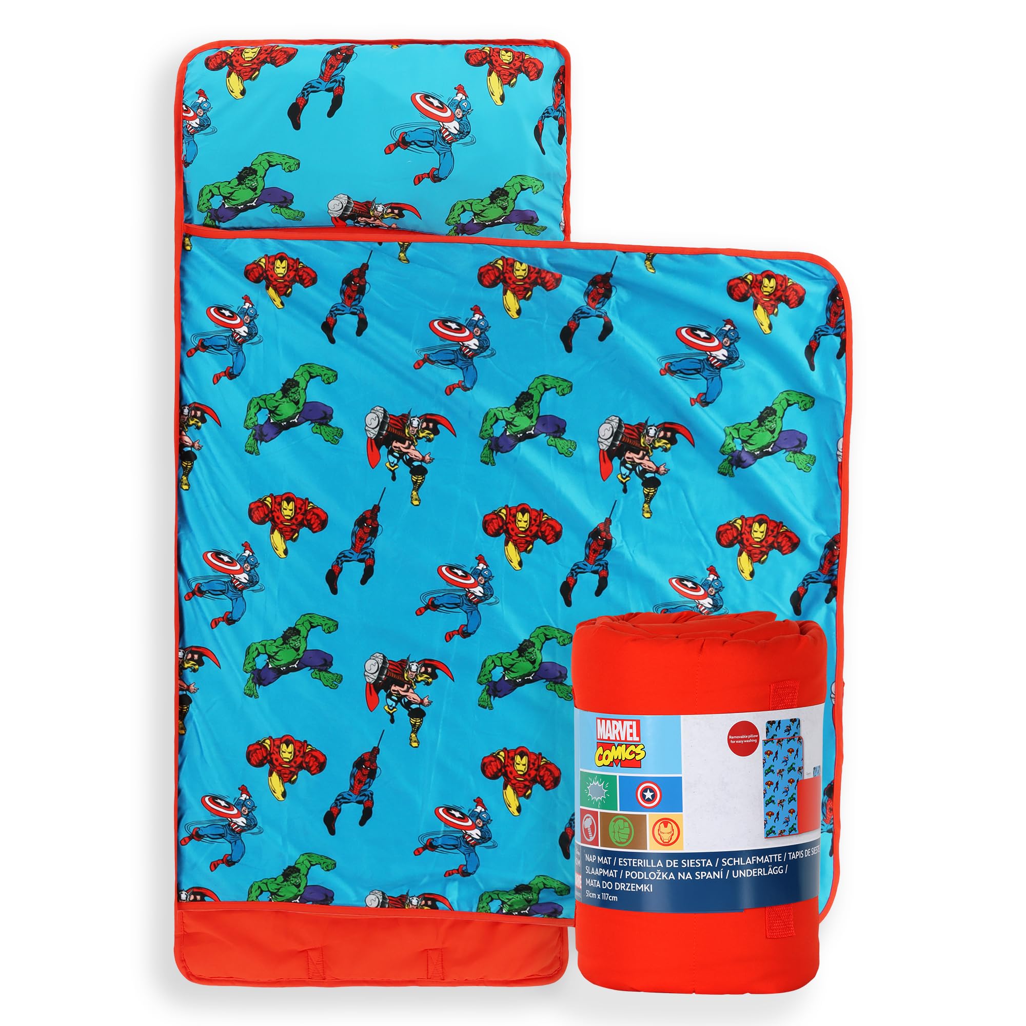 Jay Franco Kids Nap Mat with Embedded Pillow & Blanket – Soft 46"x20" Microfiber Sleeping Bag with Name Tag & Handle for School, Travel, Sleepover, Blue - Marvel Comics