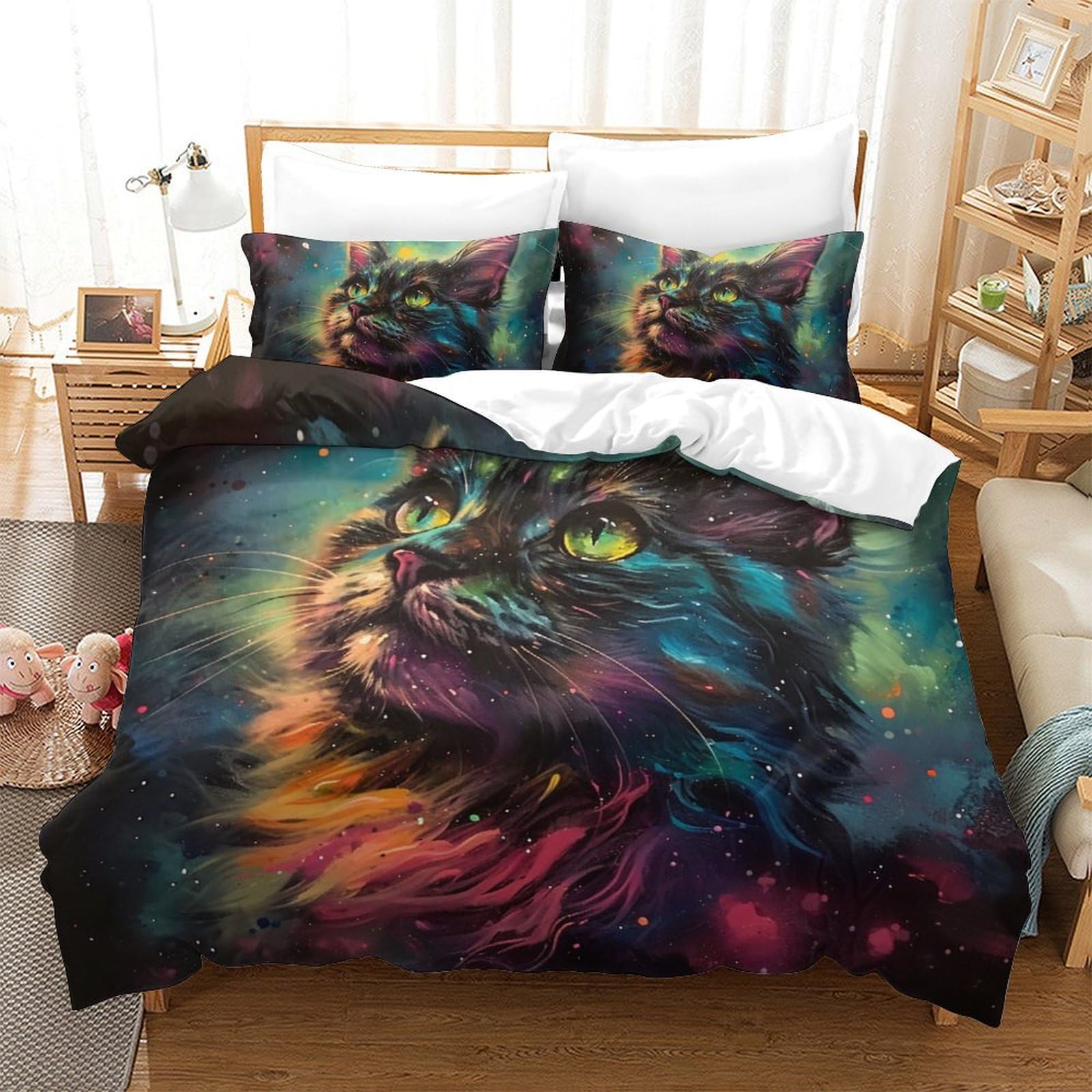 Housse de couette chat 220x240 respirante pour un lit deux places sans transpiration