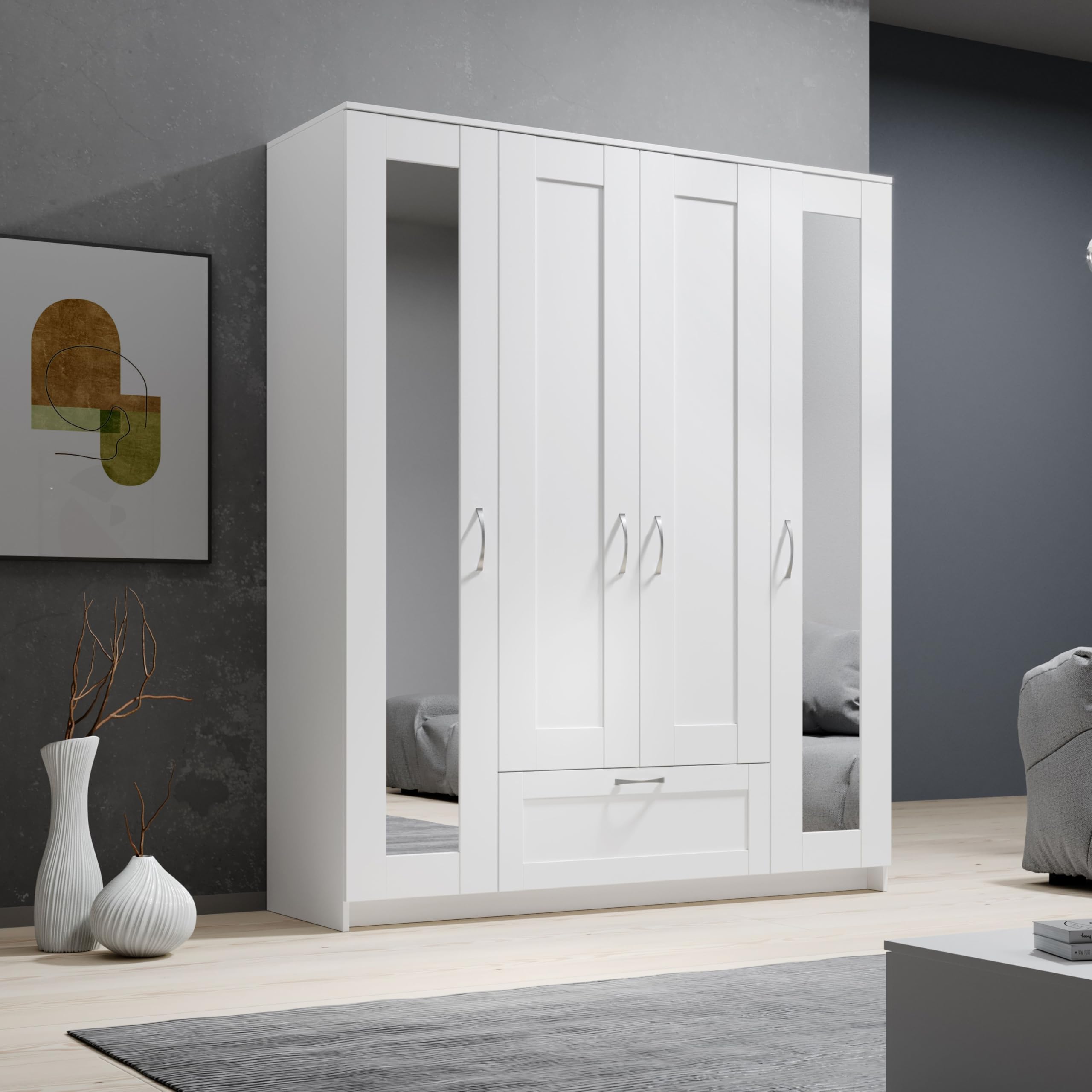 LEPINI Kleiderschrank Schrank Drehtürenschrank mit Spiegeltüren Weiß