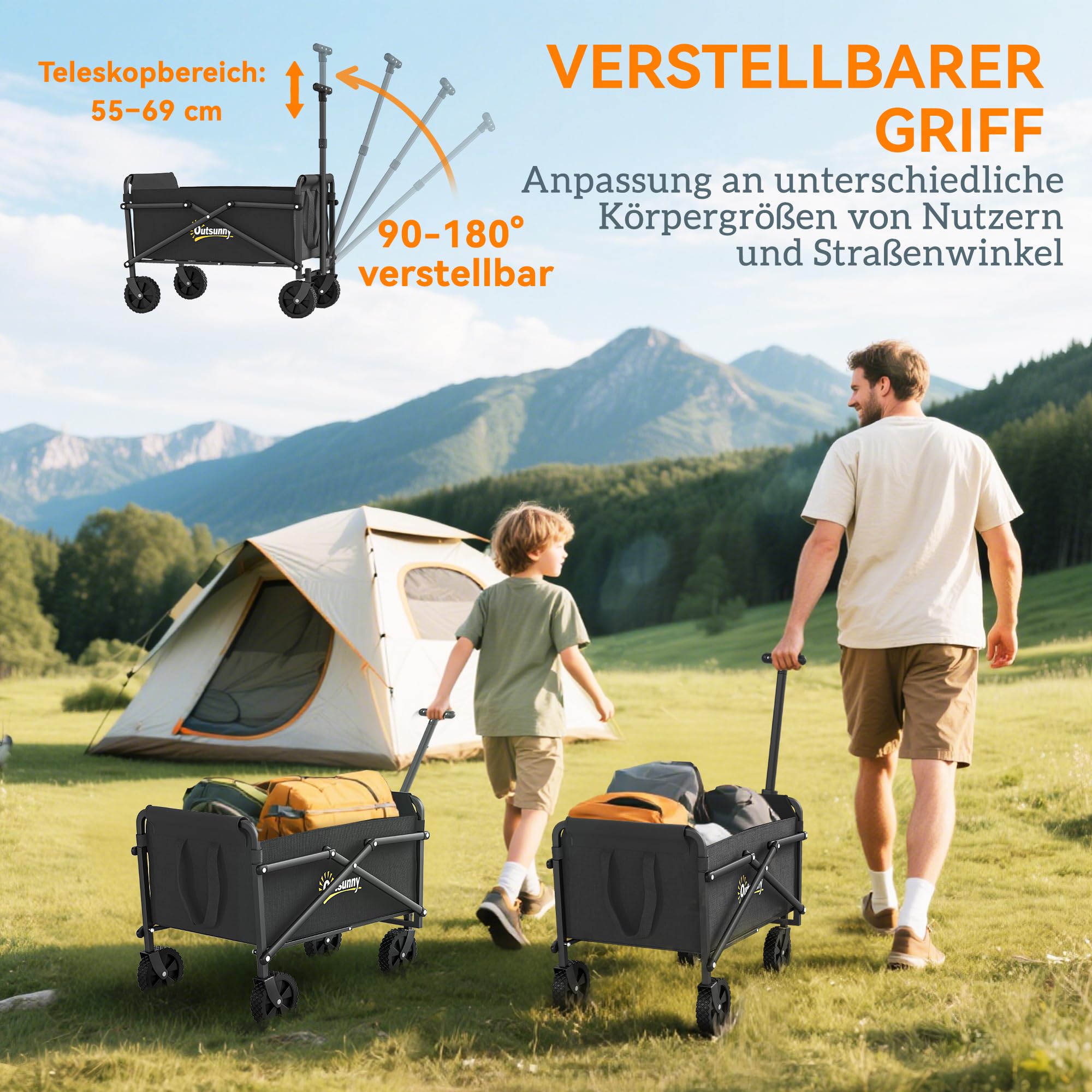 Outsunny Bollerwagen Faltbarer Handwagen 360° Gartenwagen Transportwagen mit verstellbarem Griff Strandwagen bis 60 kg Tragkraft, für Sport, Einkauf, Camping, Schwarz