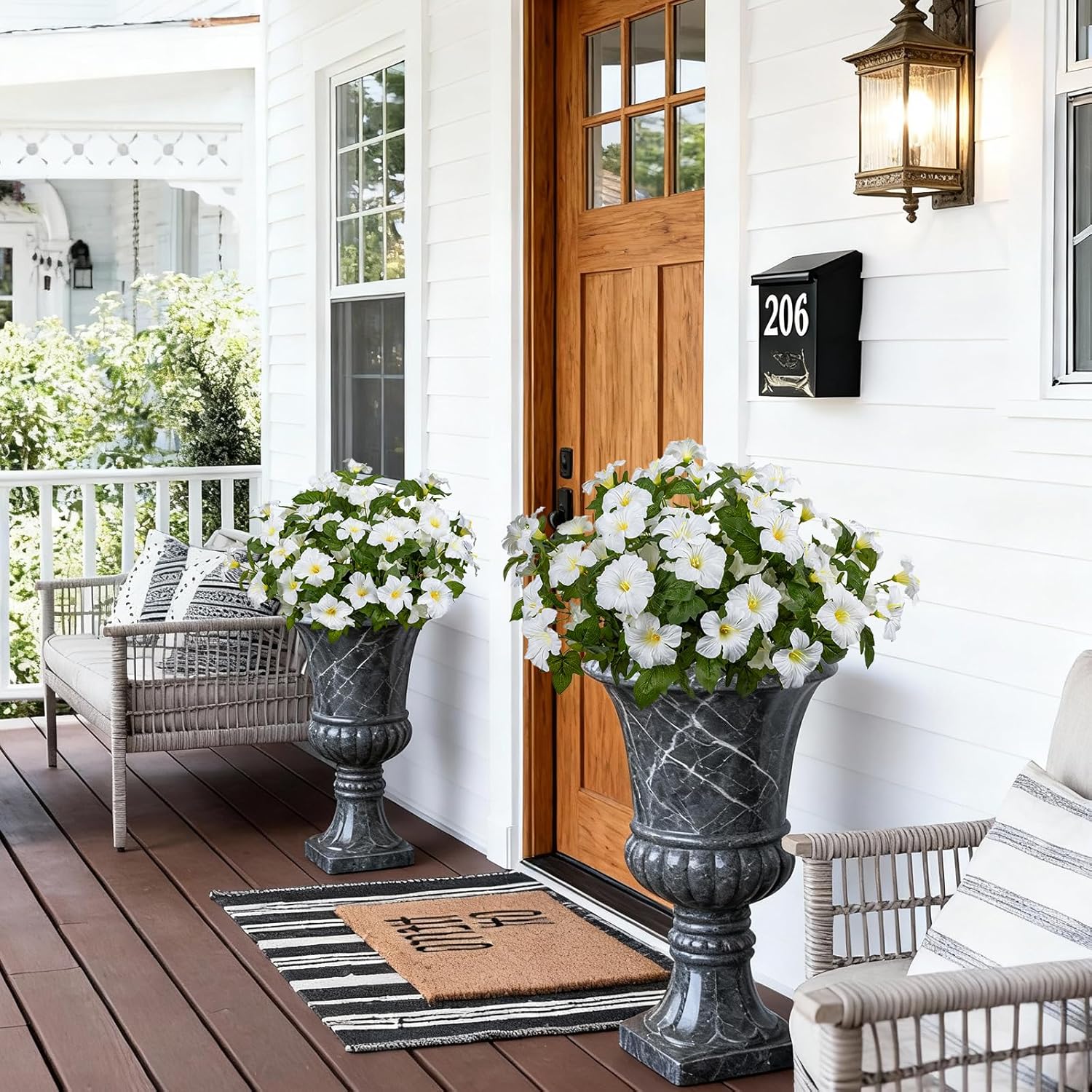 19 Inch Artificial Fake Flowers for Outdoor,4 Pcs White Faux Silk Petunias Spring Flowers for Outside for Indoor Porch Planter Front Door Garden Patio Window Box Home Decor - Image 7