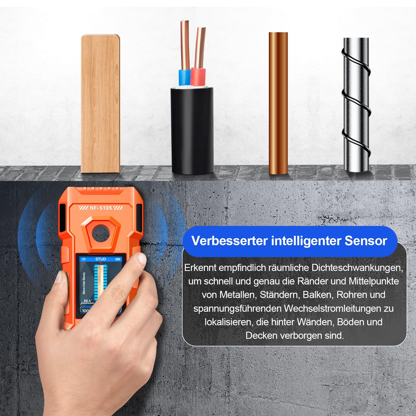 NOYAFA 6-in-1 Wiederaufladbarer Wanddetektor Leitungssucher mit HD LCD-Display & akustischer Warnung, Bolzensucher zur Ortung von Holz, Metall, Balken, Rohren und stromführenden Leitungen